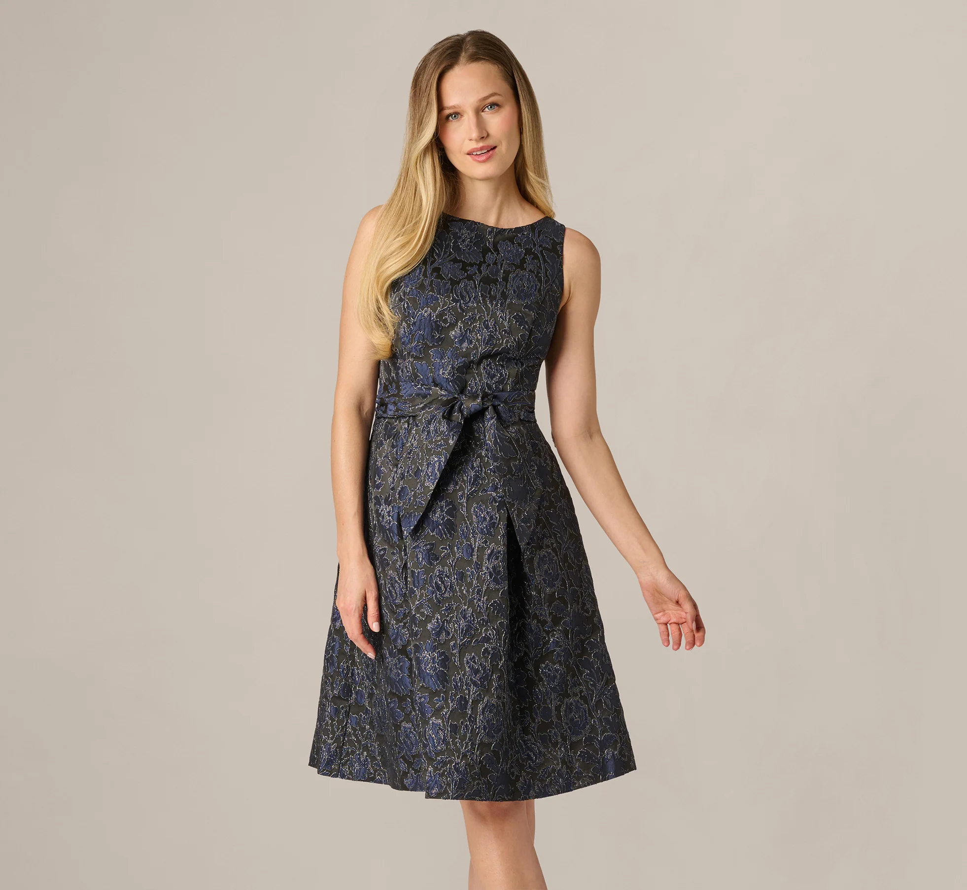 Jacquard Tie Front Fit And Flare Midi Dress In Black Navy - Image 3