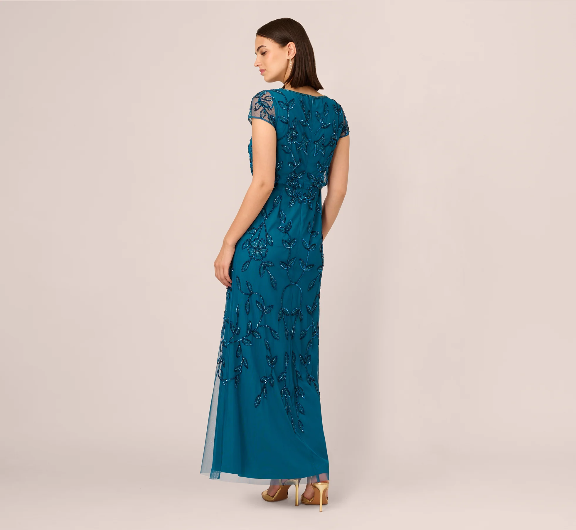 Jasmine Beaded Blouson Gown With Sheer Short Sleeves In Teal Sapphire - Image 5