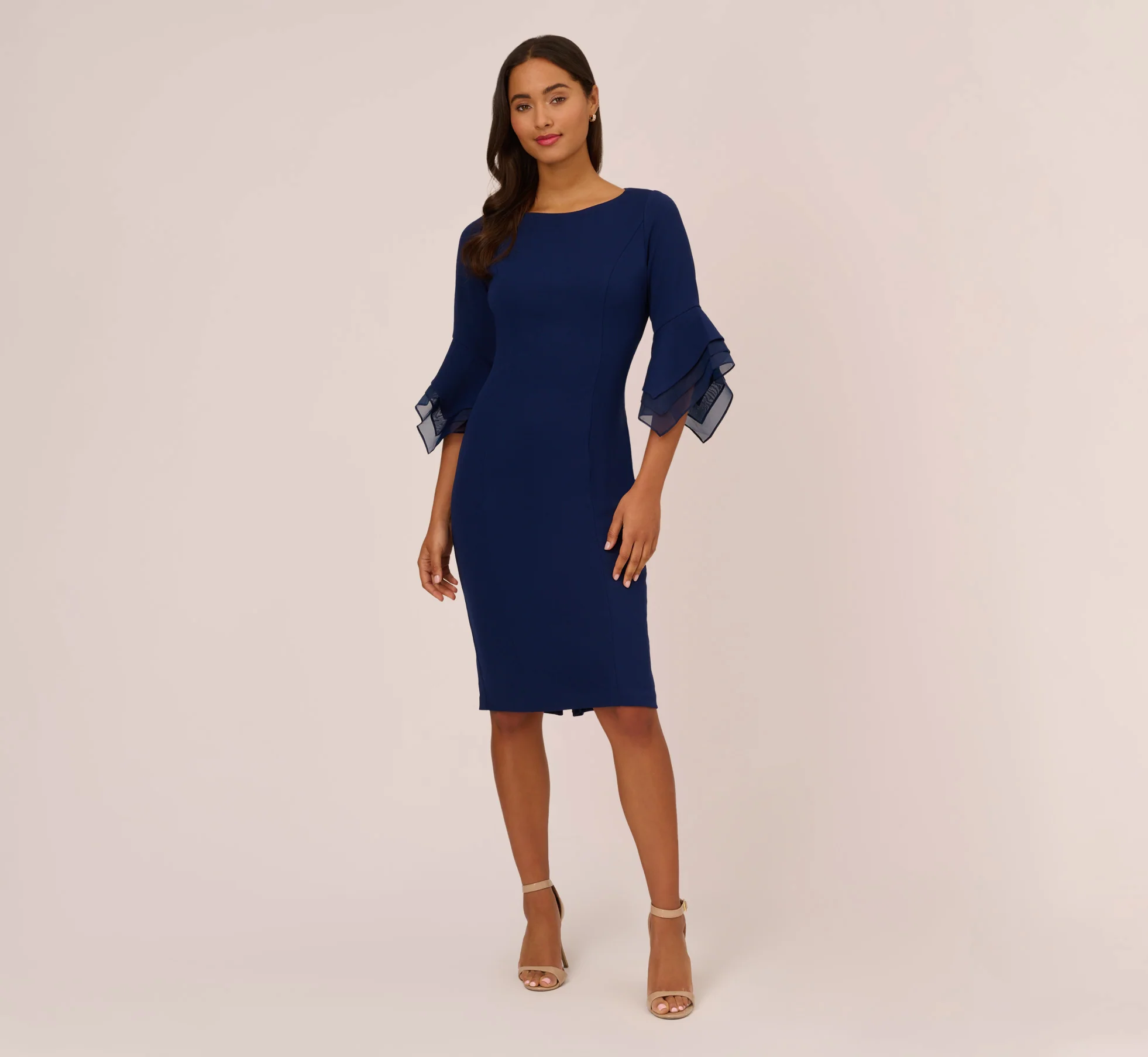 Knit Crepe Sheath Dress With Tiered Three Quarter Sleeves In Navy Sateen - Image 7