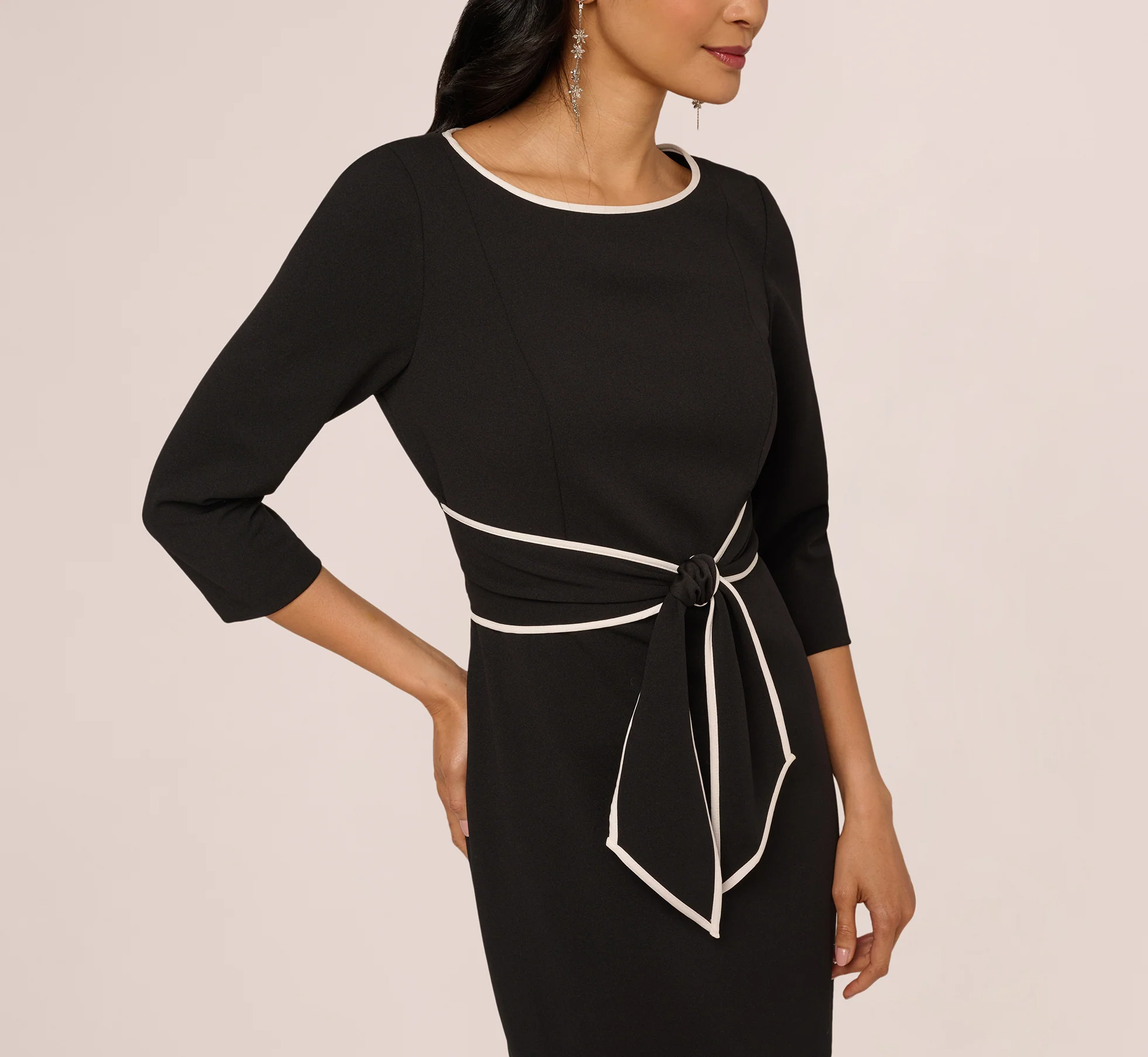 Knit Crepe Tie Dress In Black Ivory - Image 3