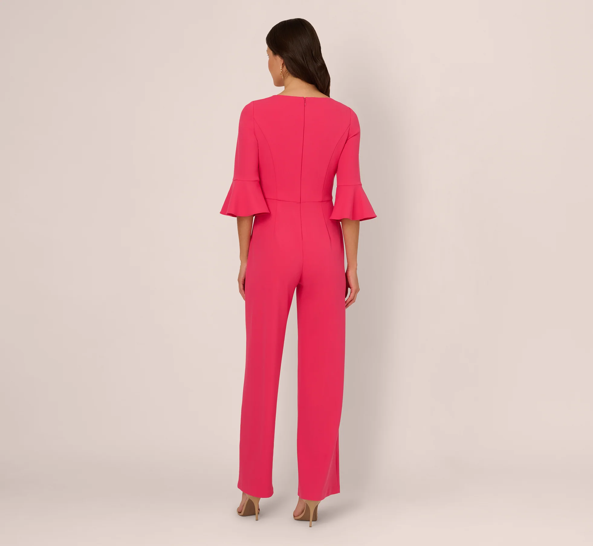 Knit Crepe Wide Leg Jumpsuit With Bell Sleeves In Camellia - Image 5