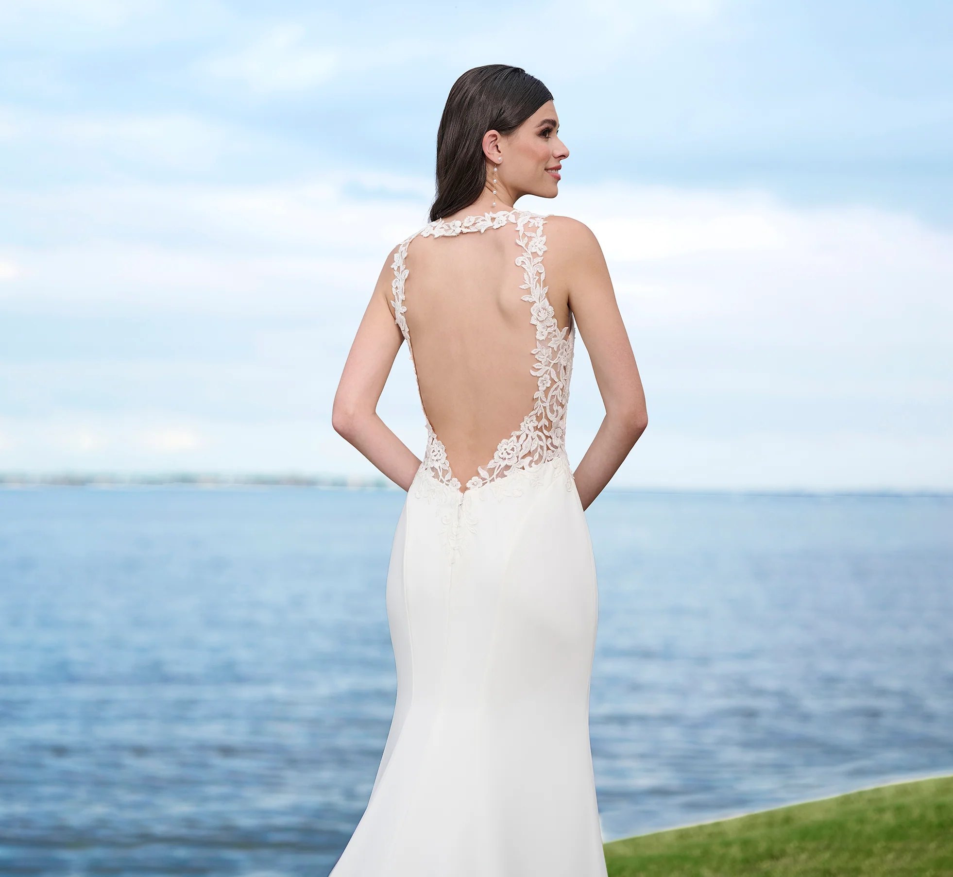 Lace And Stretch Crepe Gown With Halter Neckline In Ivory Nude - Image 3