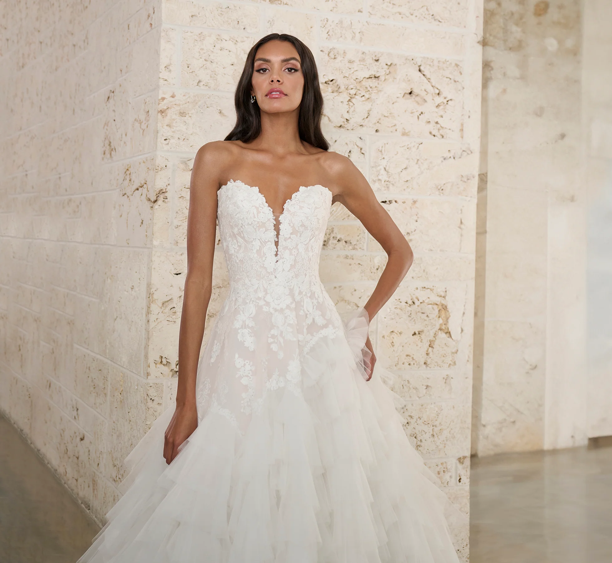 Lace And Tulle Ball Gown With Tulle Ruffles In Ivory French Lilac Nude - Image 2