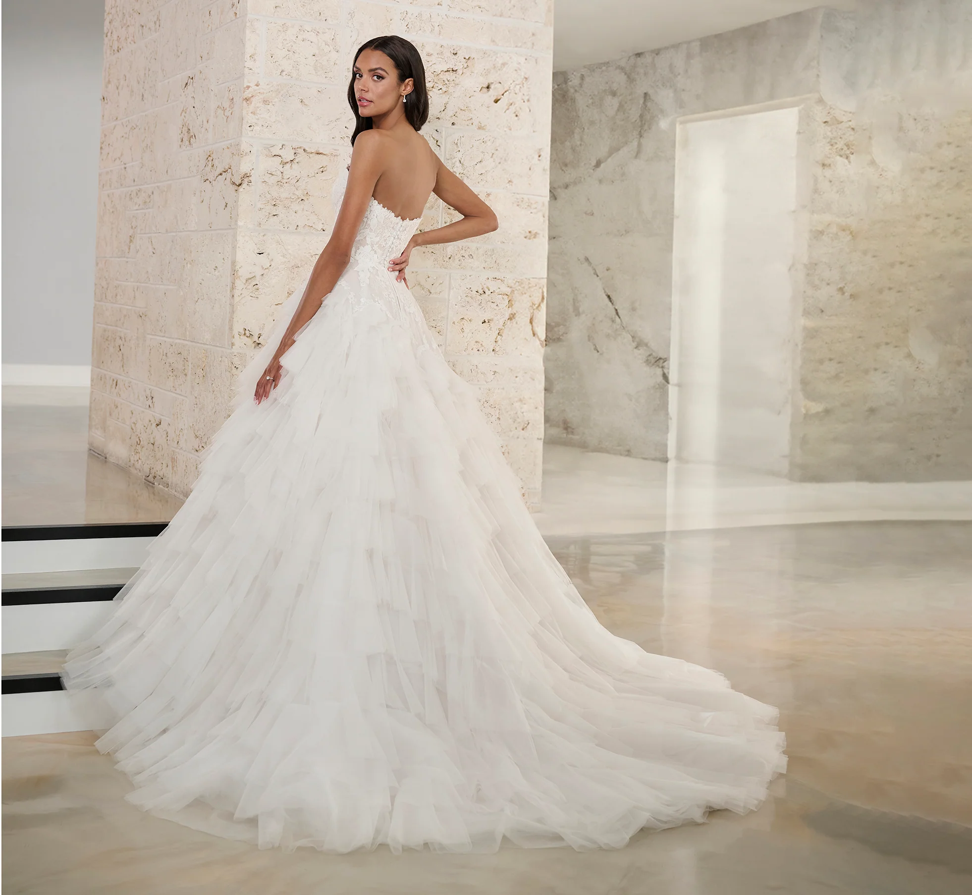 Lace And Tulle Ball Gown With Tulle Ruffles In Ivory French Lilac Nude - Image 3