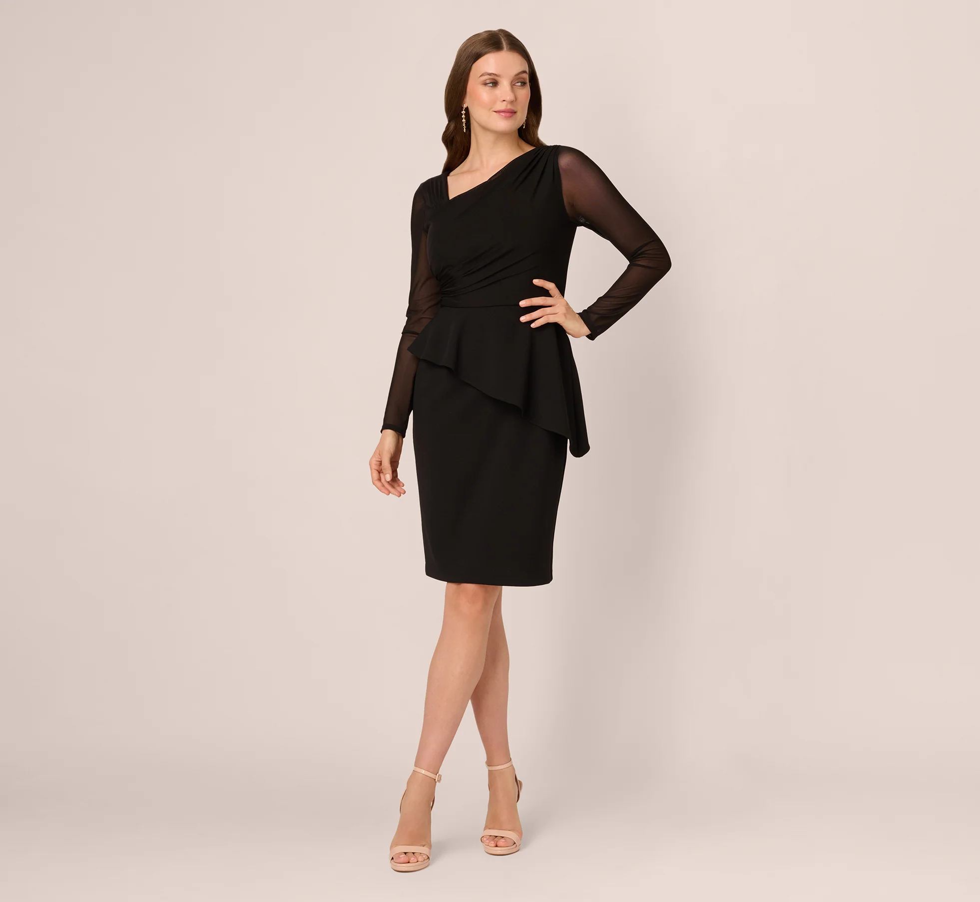 Long Sleeve Asymmetrical Peplum Sheath Dress In Black - Image 2
