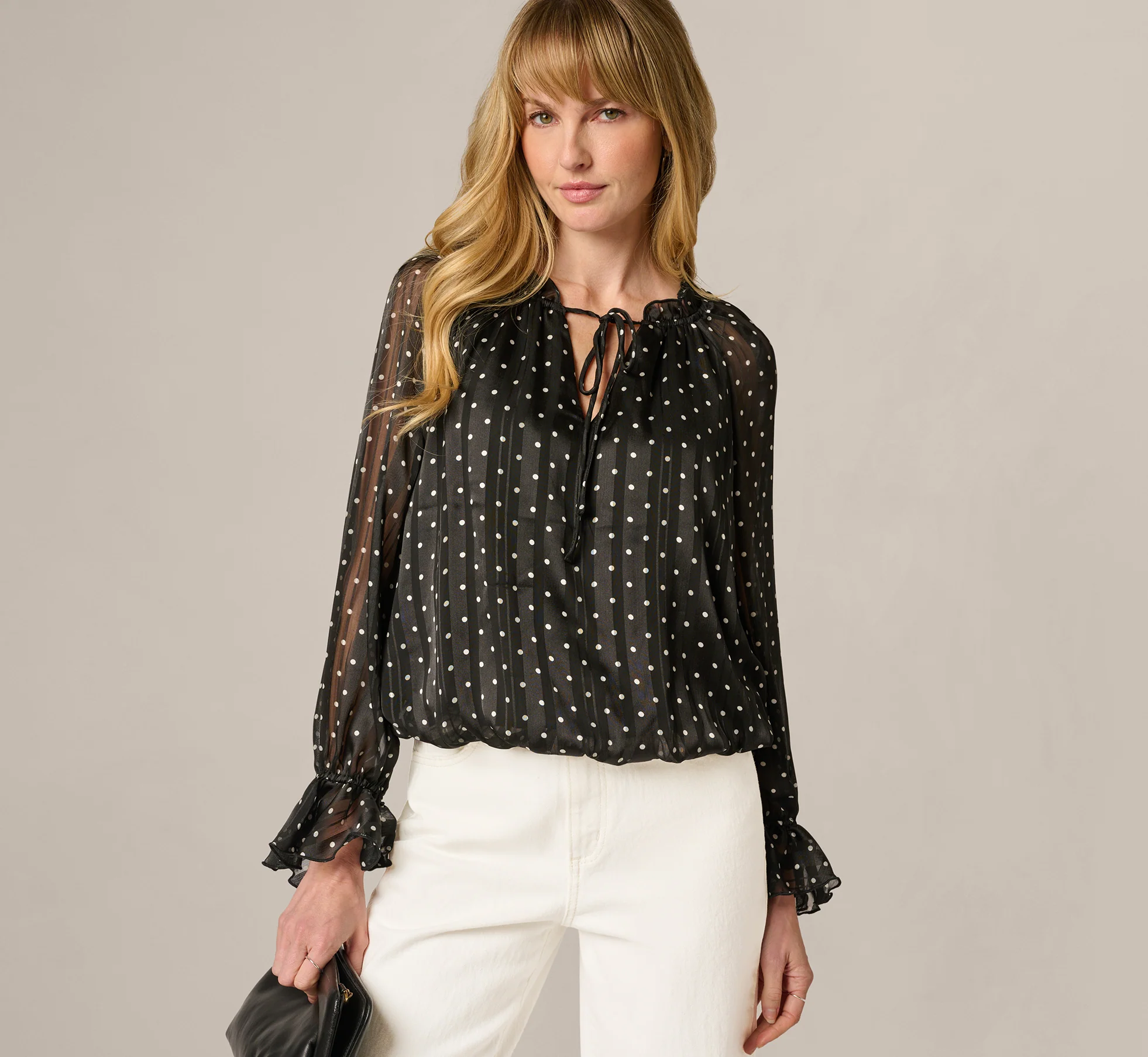 Long Sleeve Chiffon Ruffle Blouse In Black Cream Dot - Image 2