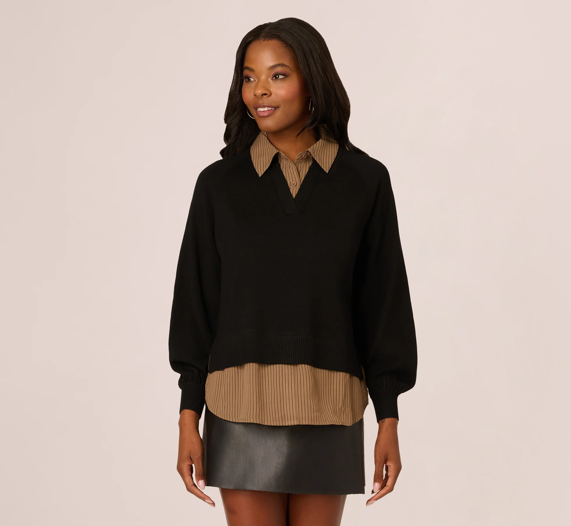 Long Sleeve Collared Printed Twover Sweater In Black W  Mocha Petite Stripe - Image 3