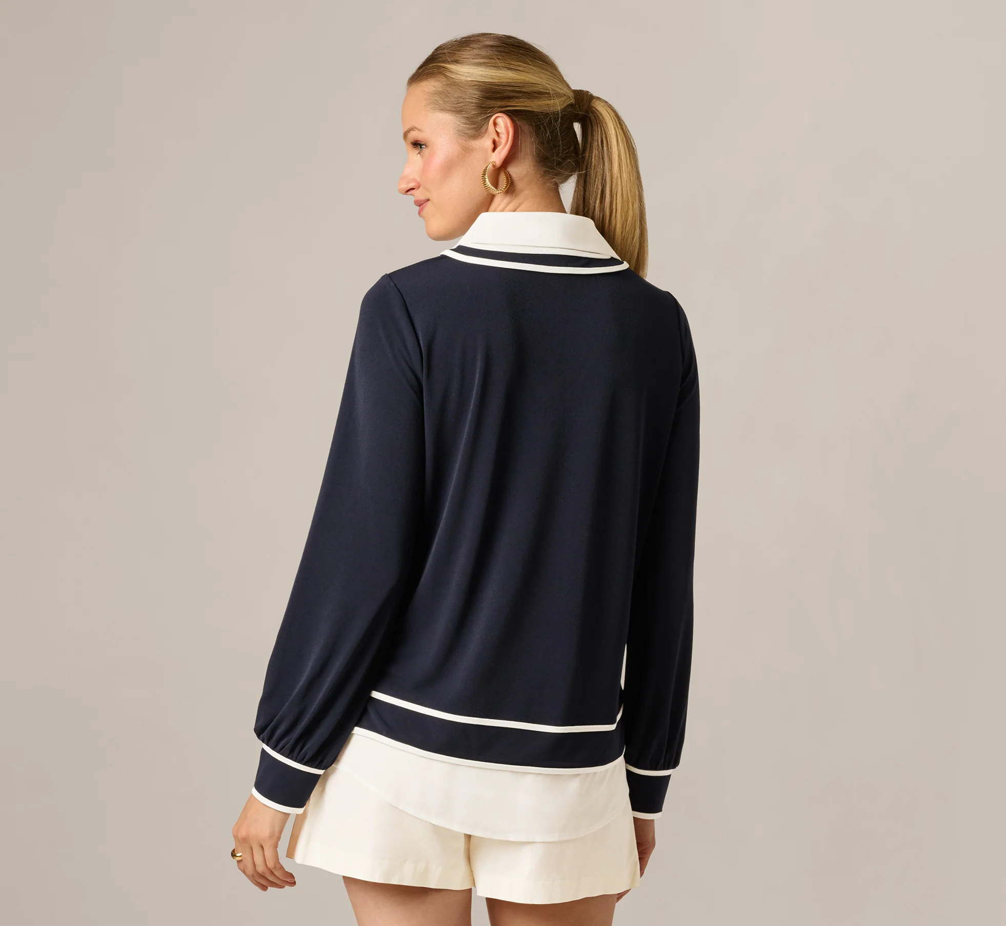 Long Sleeve Collared Twofer Tipped Sweater In Navy Ivory W  Ivory - Image 6
