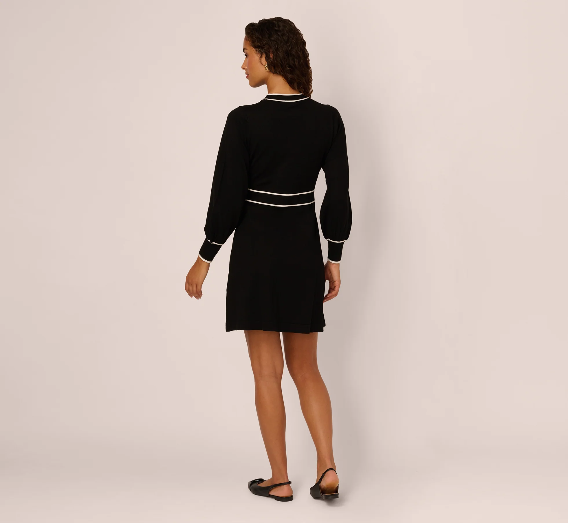 Long Sleeve Contrast Tipped Sweater Dress In Black Ivory - Image 6