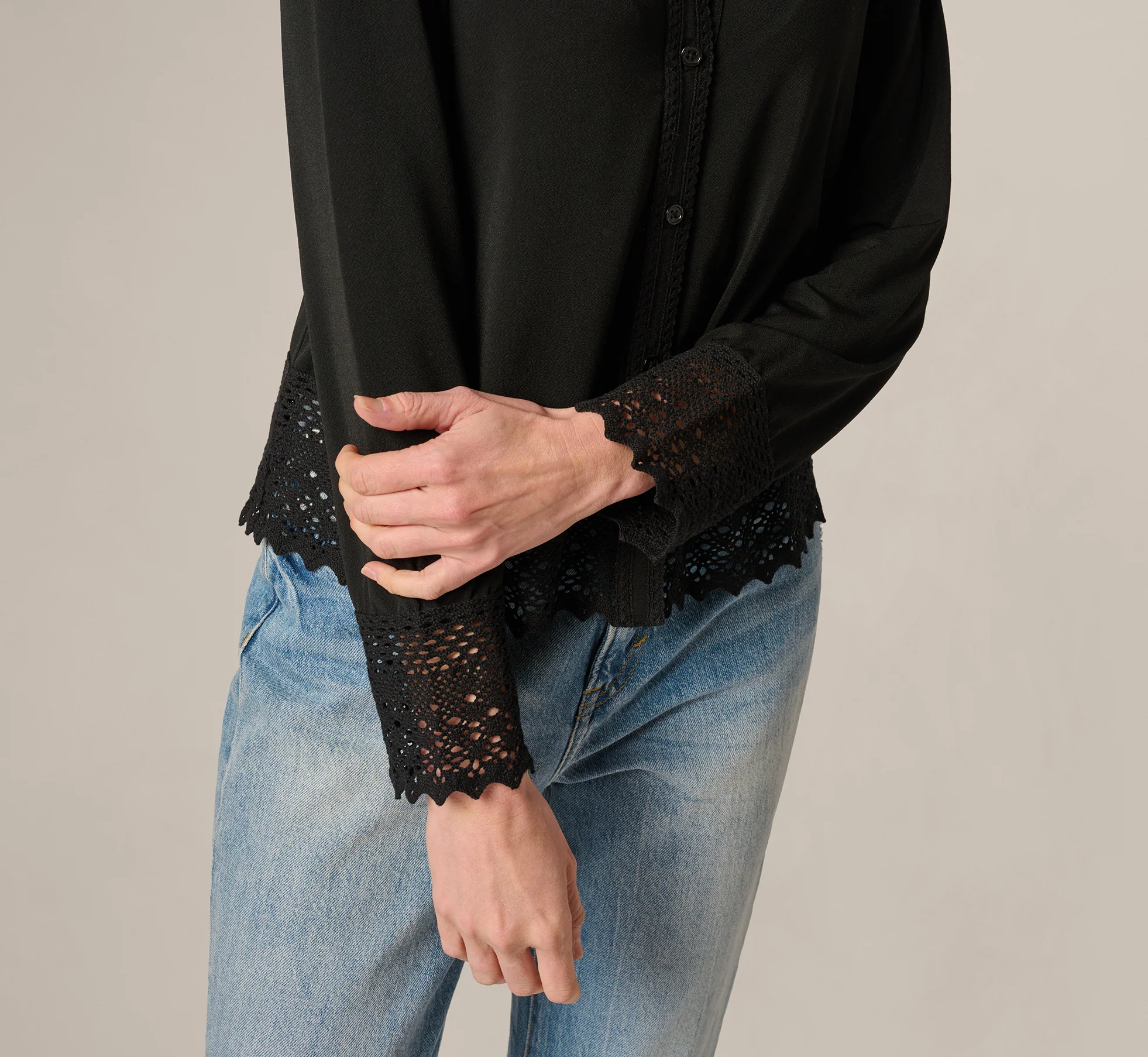 Long Sleeve Crochet Lace Collared Blouse In Black - Image 5