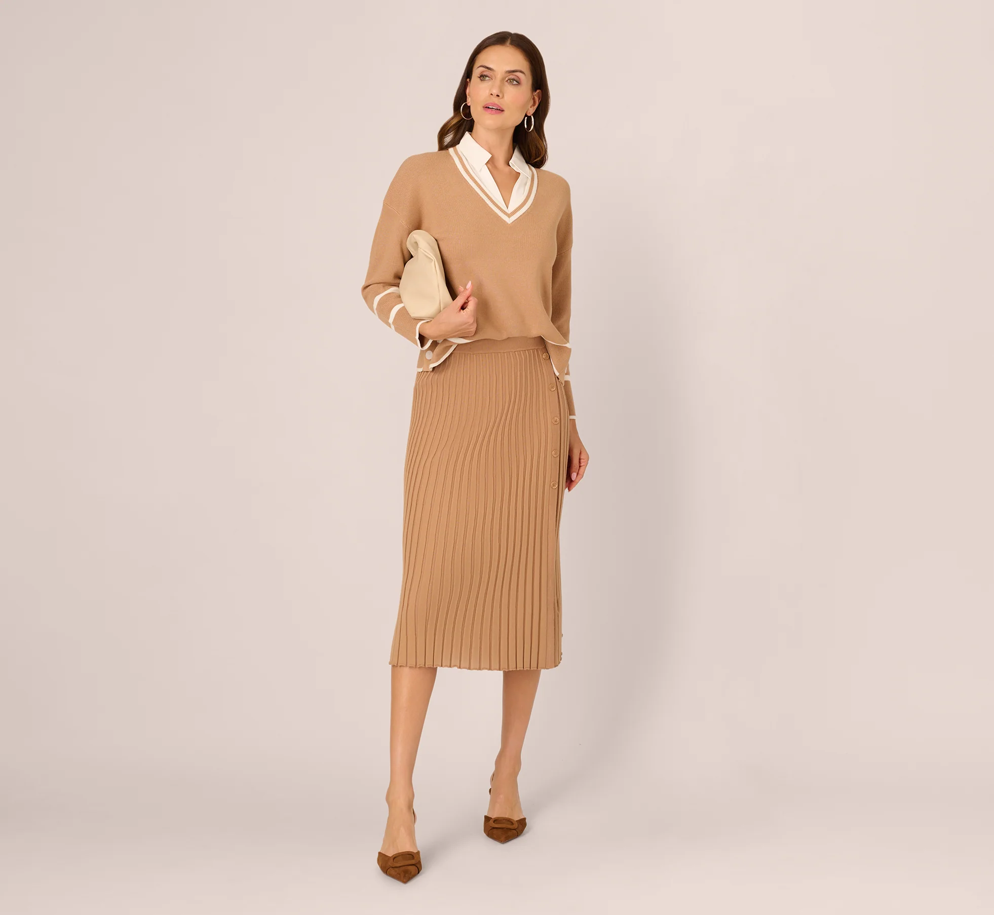 Long Sleeve Drop Shoulder Twofer Sweater In Golden Camel Ivory - Image 2