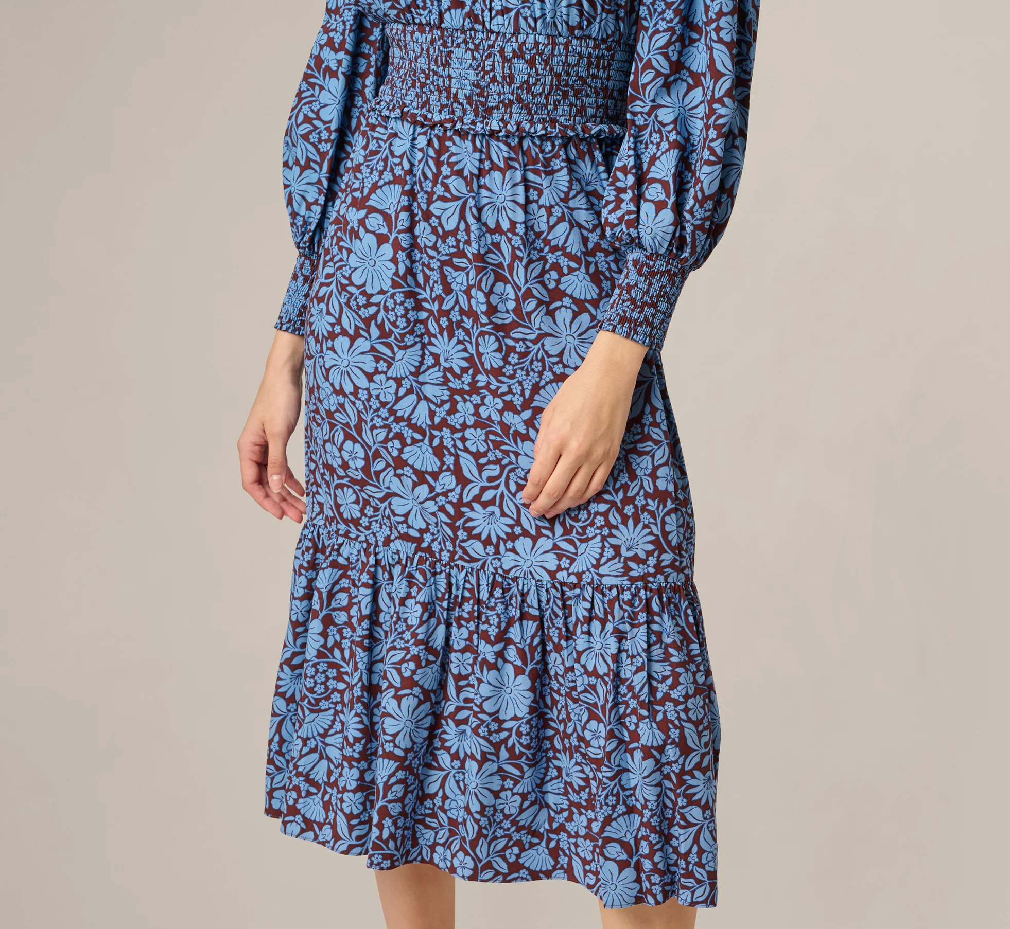 Long Sleeve Floral Print Mia Midi Dress In Brown Blue - Image 4
