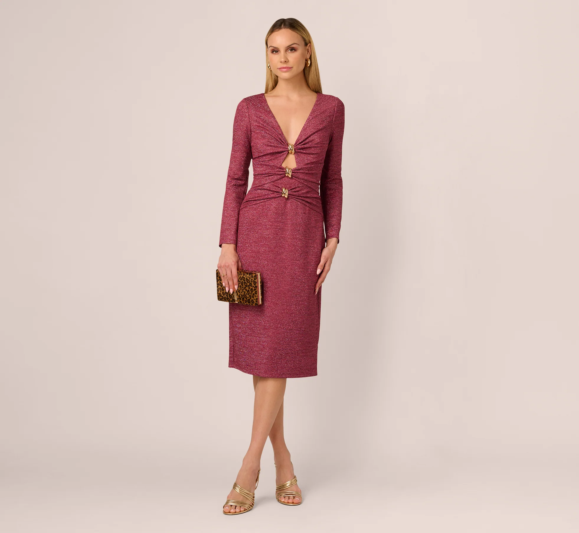 Long Sleeve Metallic Knit Midi Cocktail Dress In Crimson Haze - Image 2