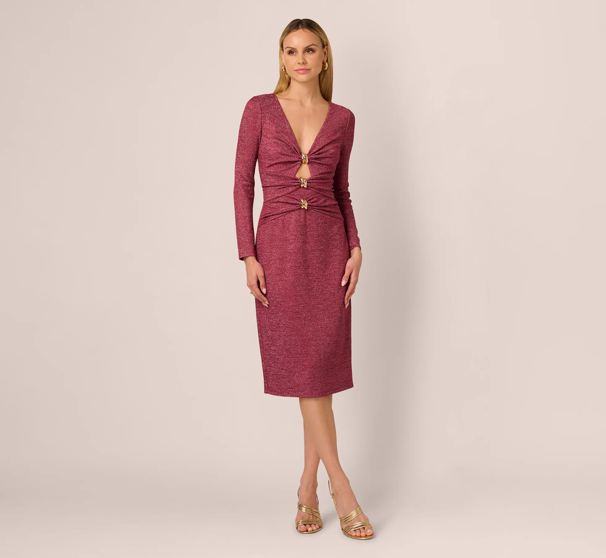 Long Sleeve Metallic Knit Midi Cocktail Dress In Crimson Haze - Image 3