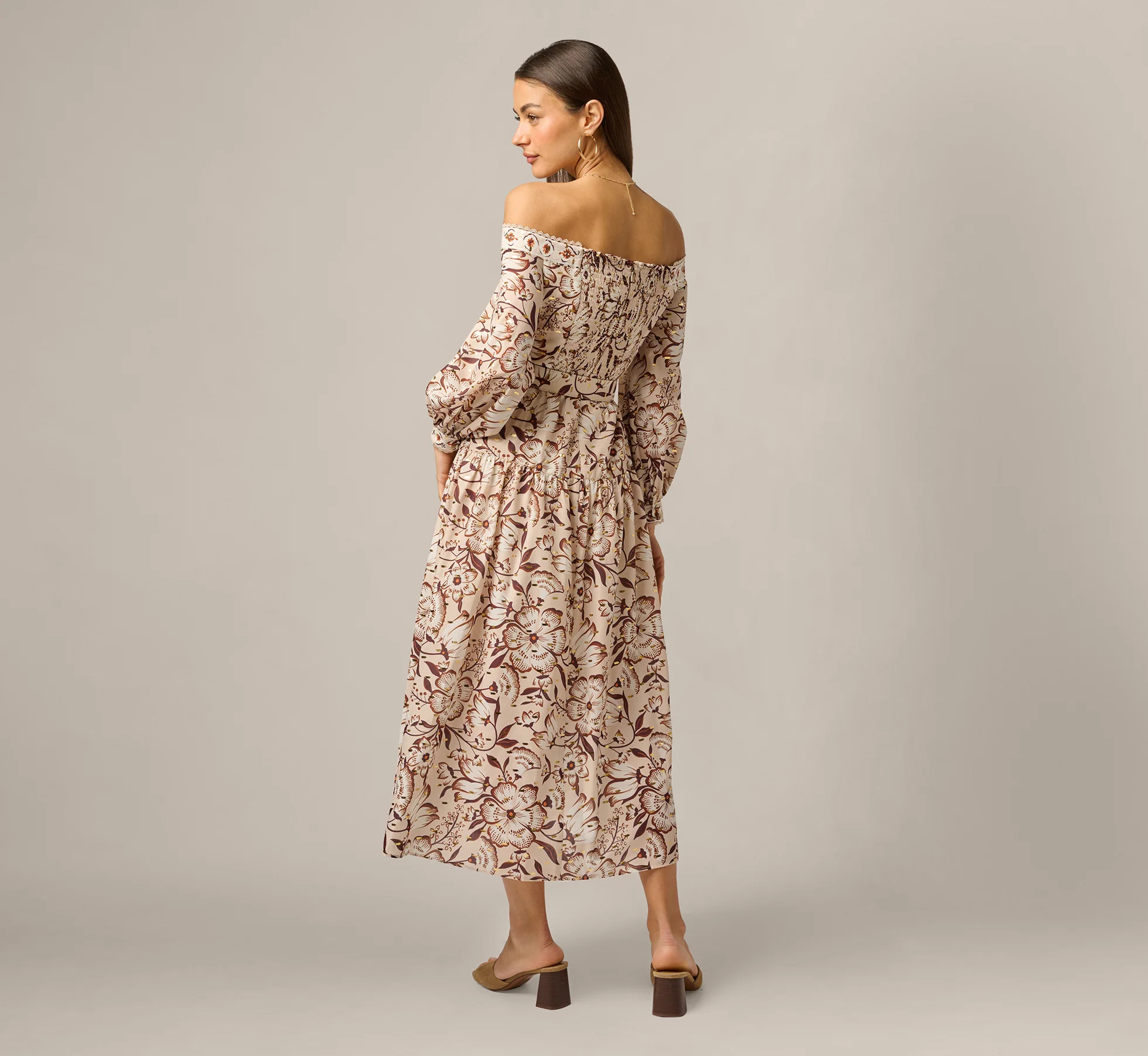 Long Sleeve Off Shoulder Floral Print Cotton Dress In Ecru Chocolate - Image 5