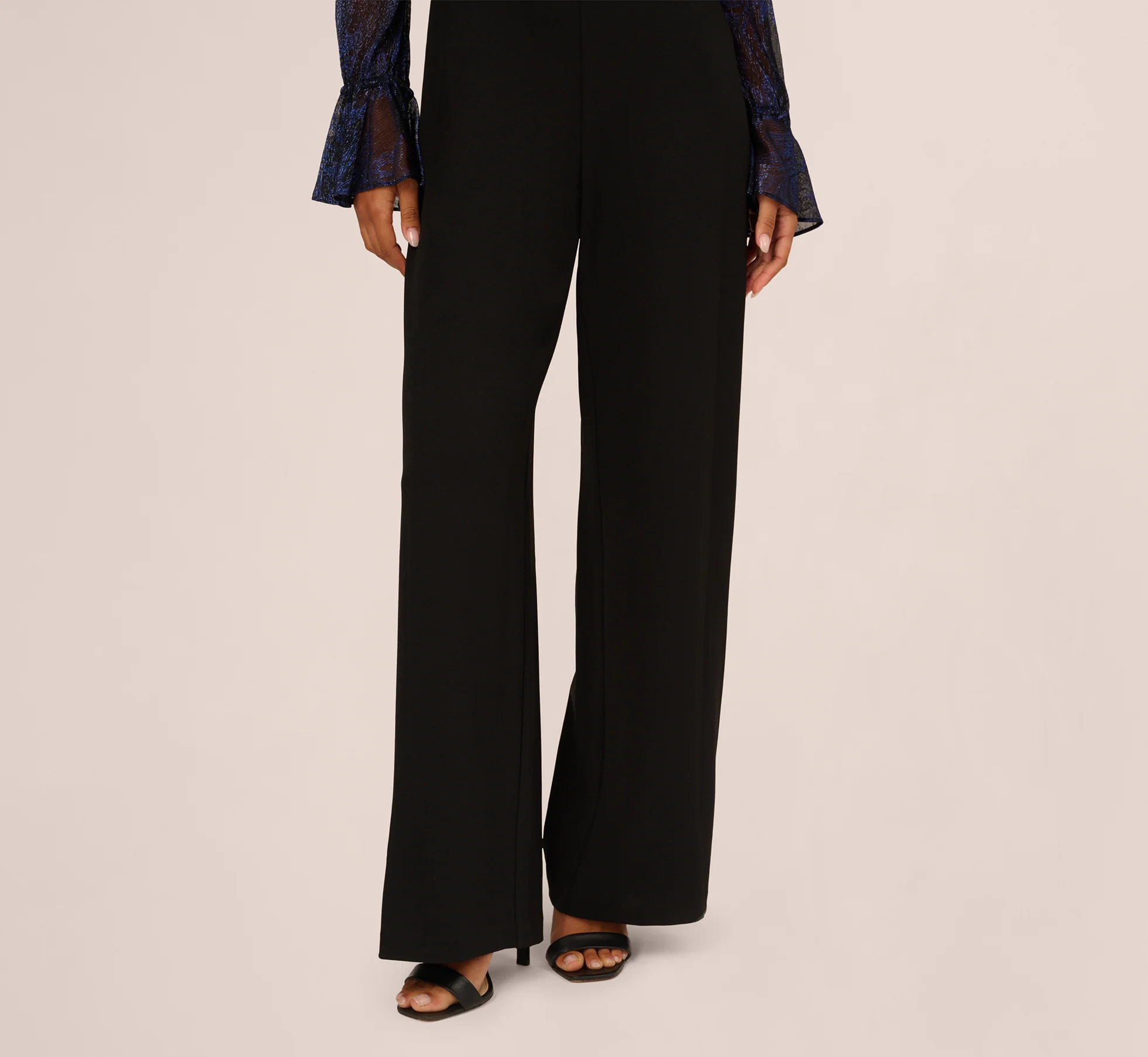Long Sleeve Off Shoulder Metallic Combo Jumpsuit In Navy Black - Image 5