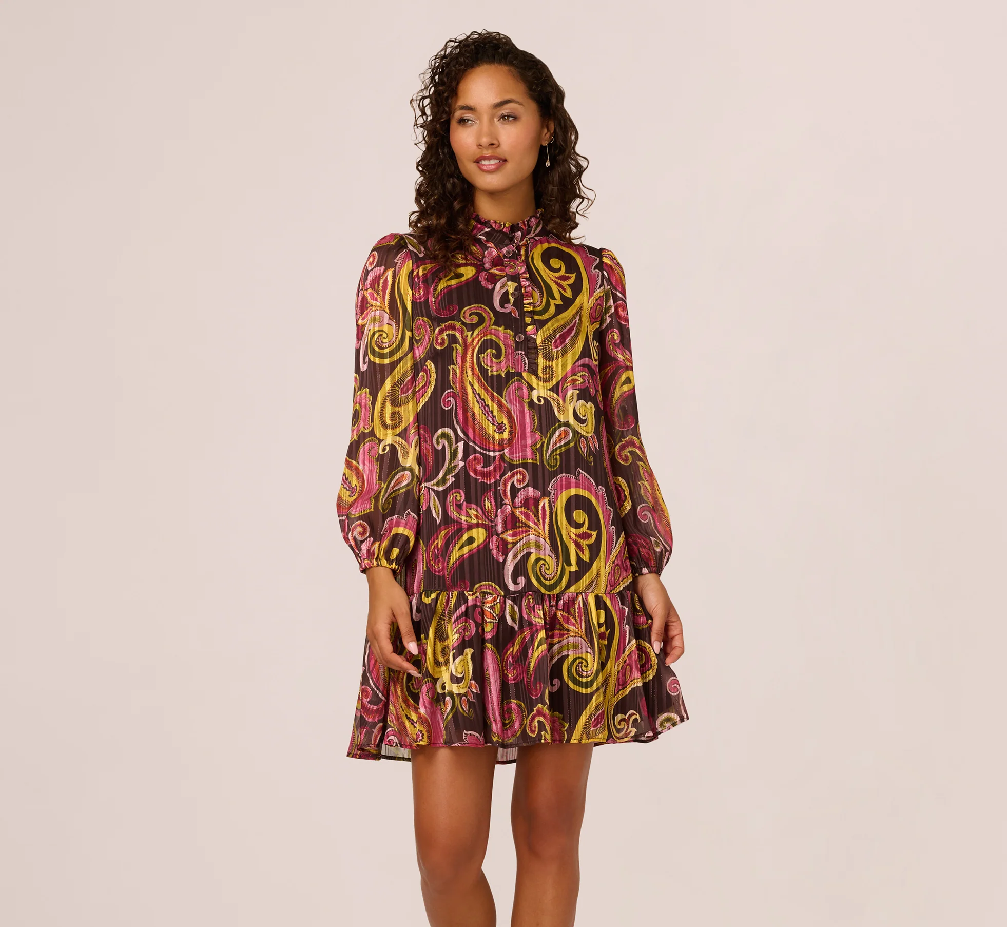 Long Sleeve Paisley Chiffon Trapeze Dress In Brown Multi - Image 3