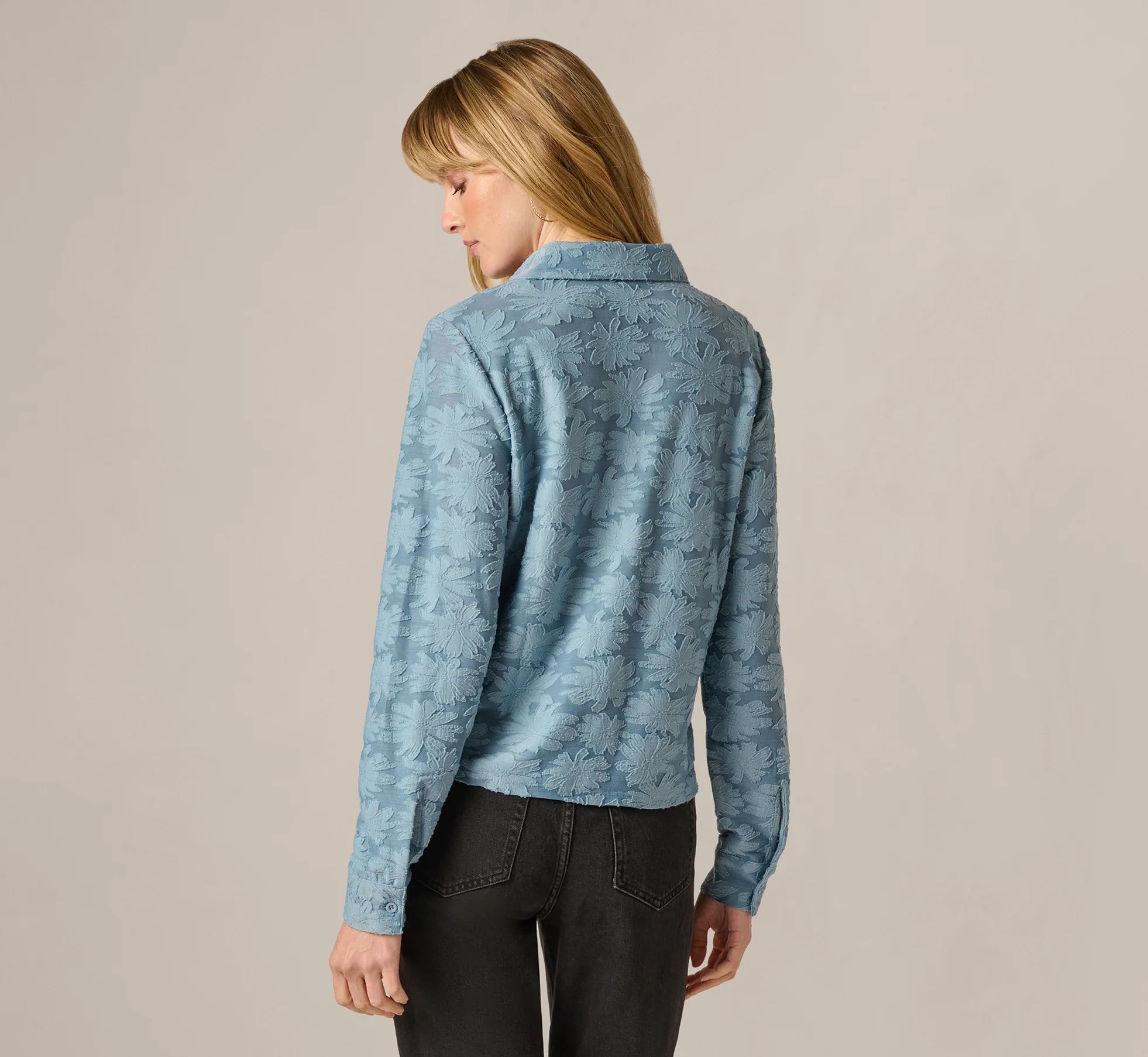 Long Sleeve Semisheer Burnout Floral Blouse In Stone Blue - Image 7