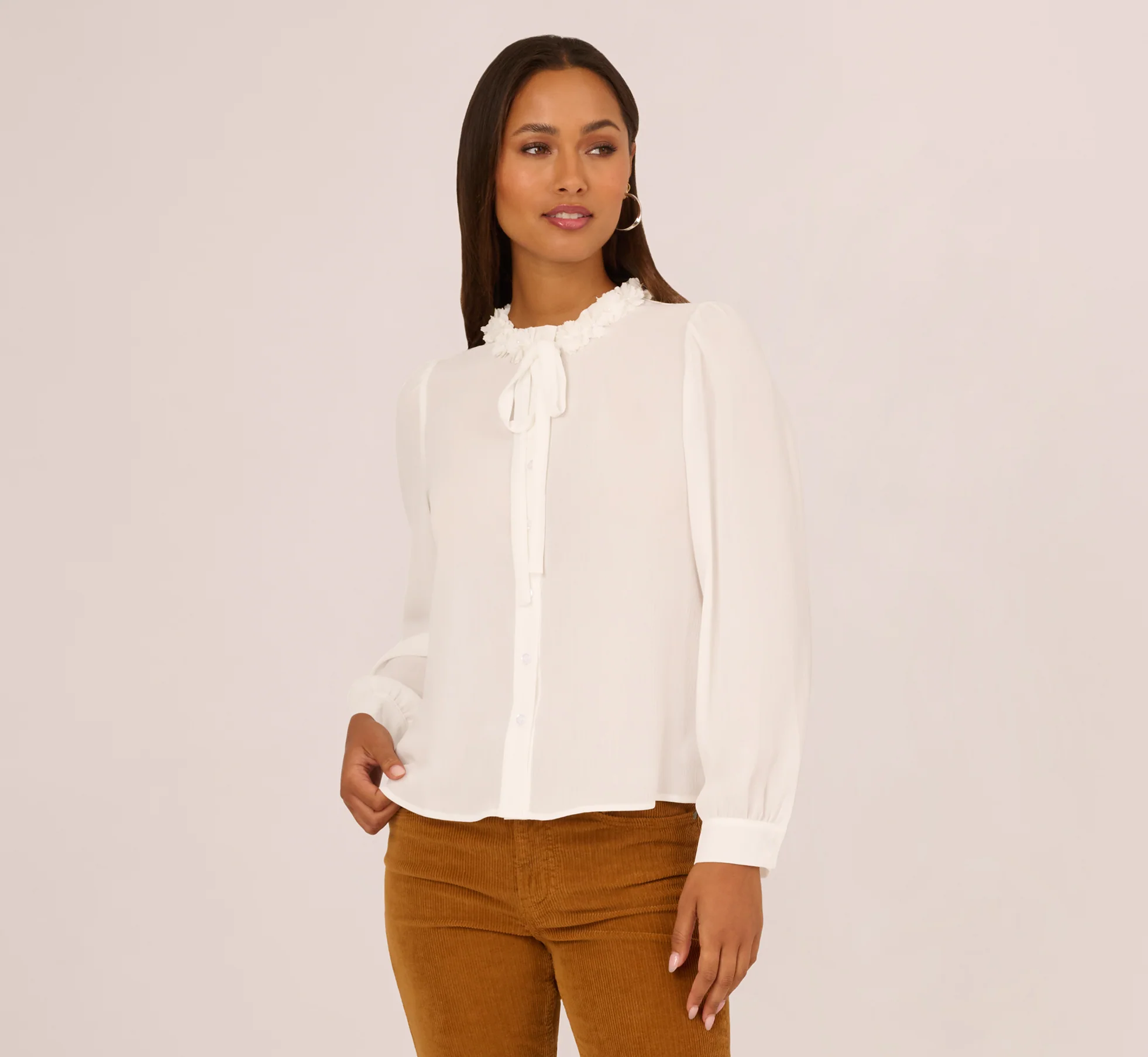 Long Sleeve Semisheer Floral Collar Blouse In Ivory - Image 3
