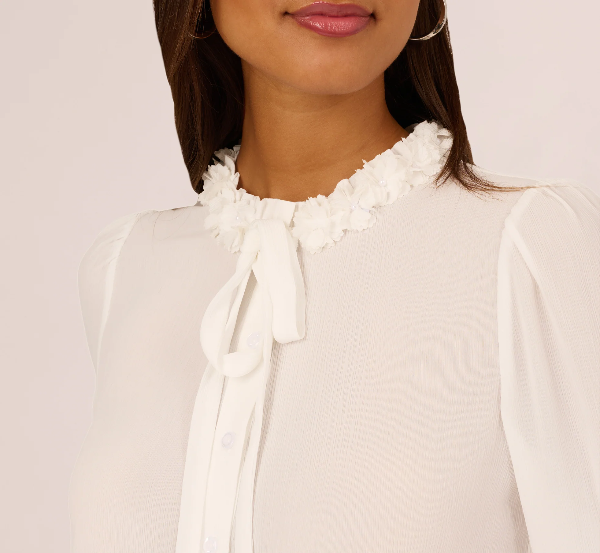 Long Sleeve Semisheer Floral Collar Blouse In Ivory - Image 4