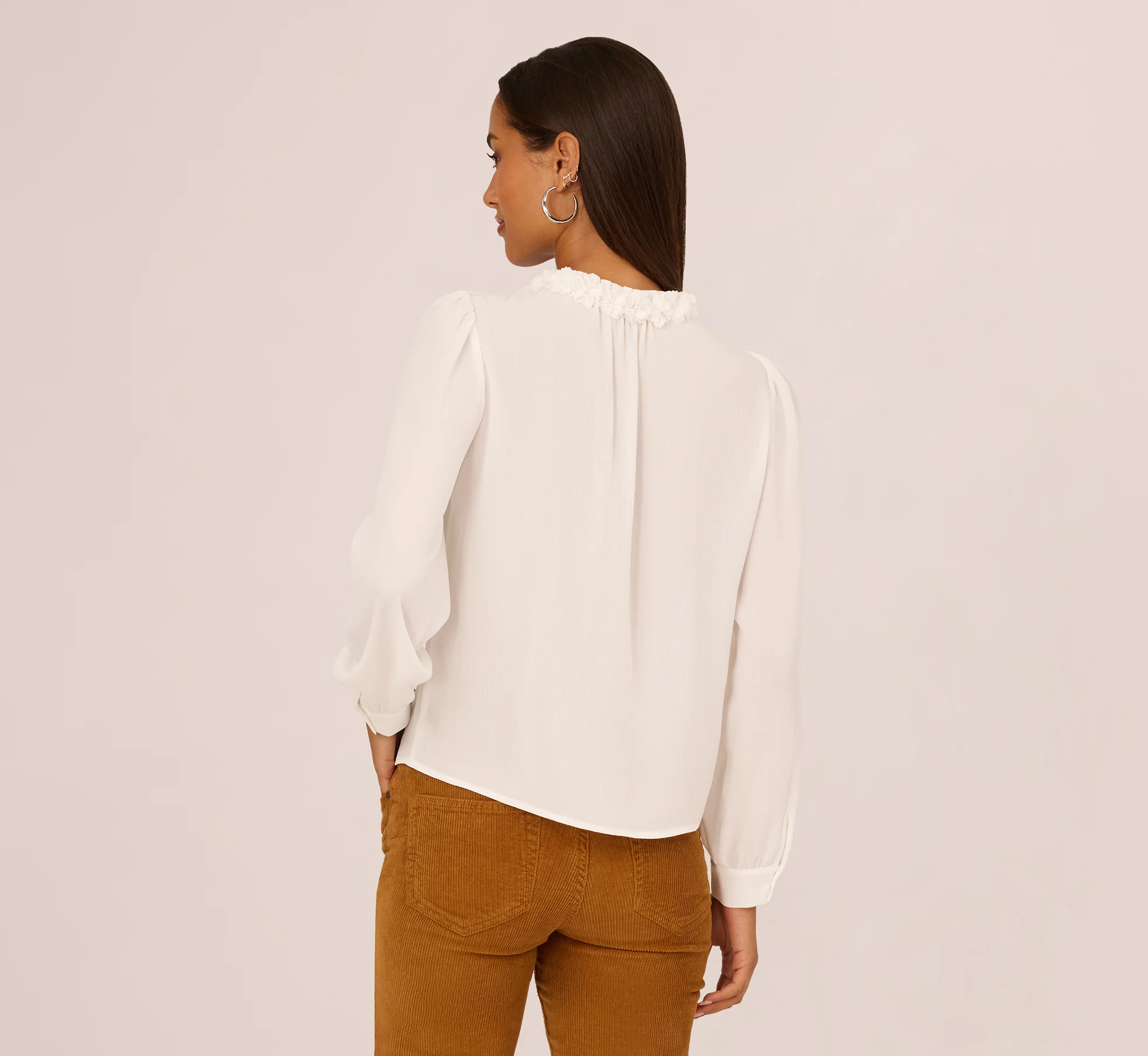 Long Sleeve Semisheer Floral Collar Blouse In Ivory - Image 6