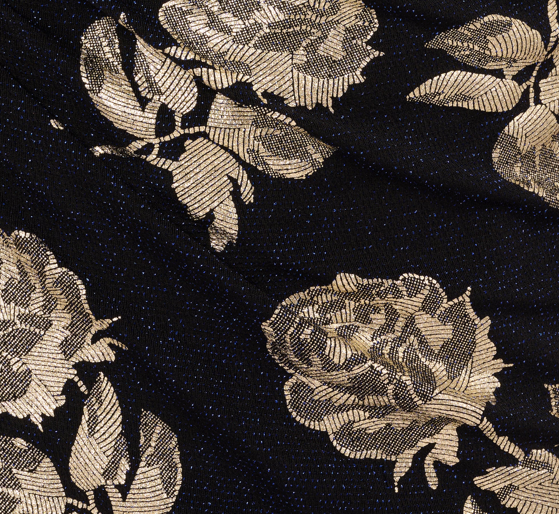 Long Sleeve Stretch Metallic Rose Floral Midi Dress In Navy Gold - Image 6