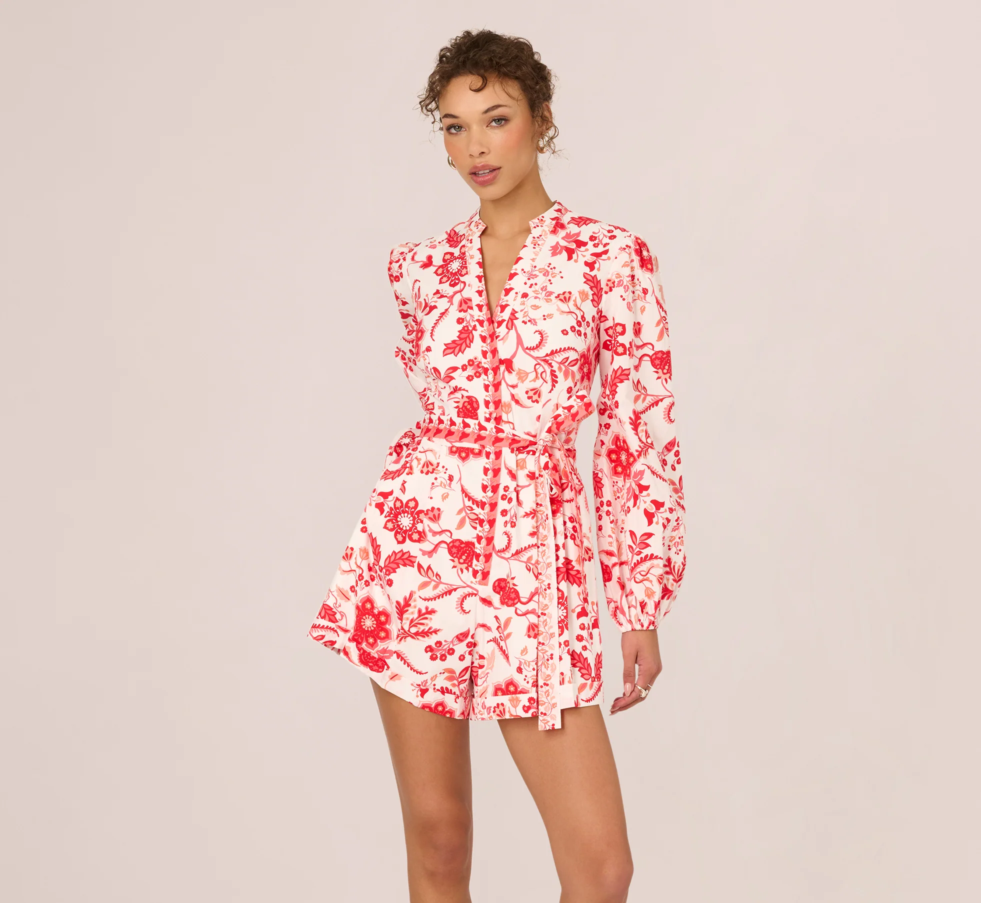 Long Sleeve Tie Front Floral Romper In White Coral Multi - Image 3