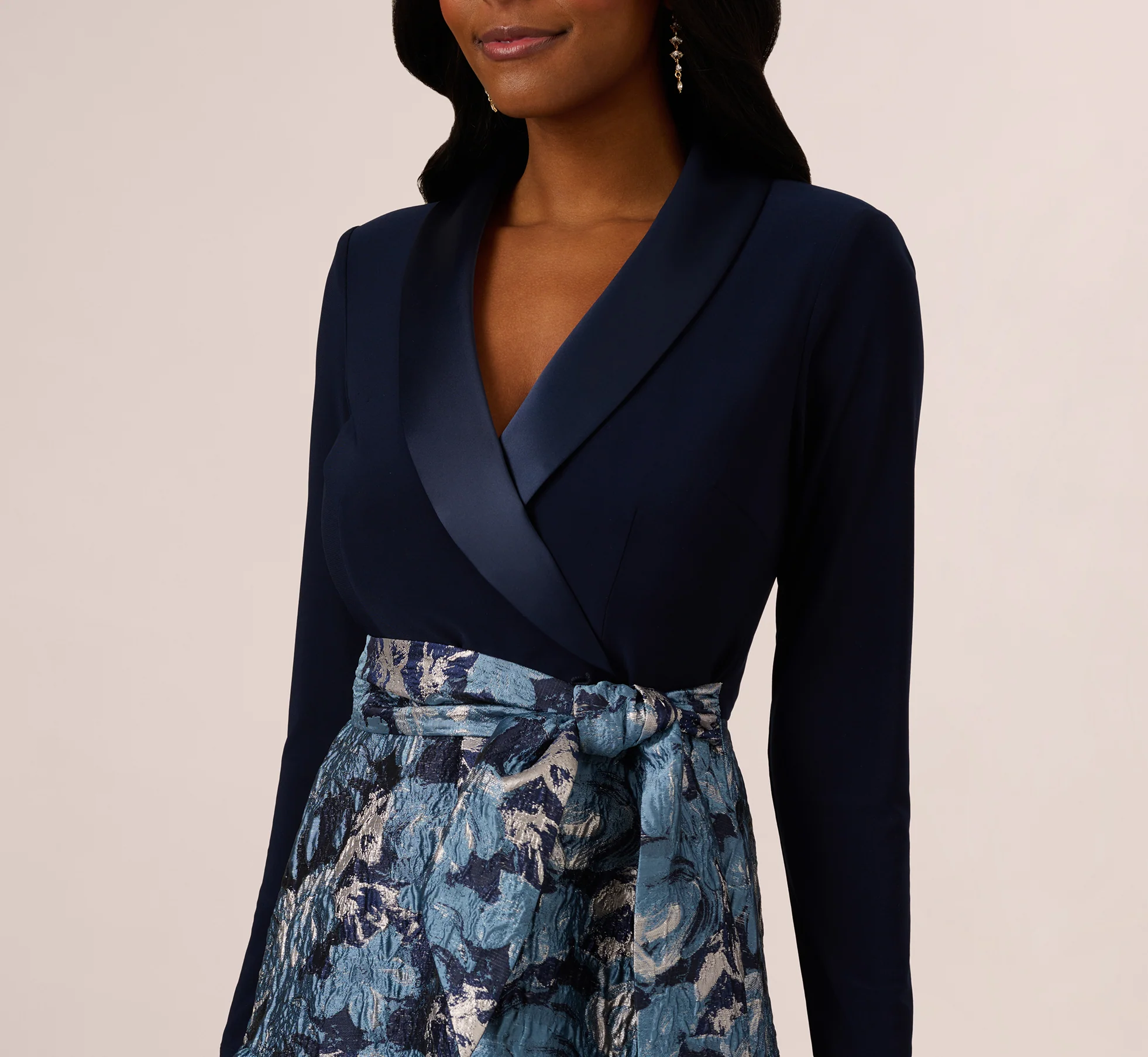 Long Sleeve Tuxedo Jacquard Combo Gown In Midnight Multi - Image 3