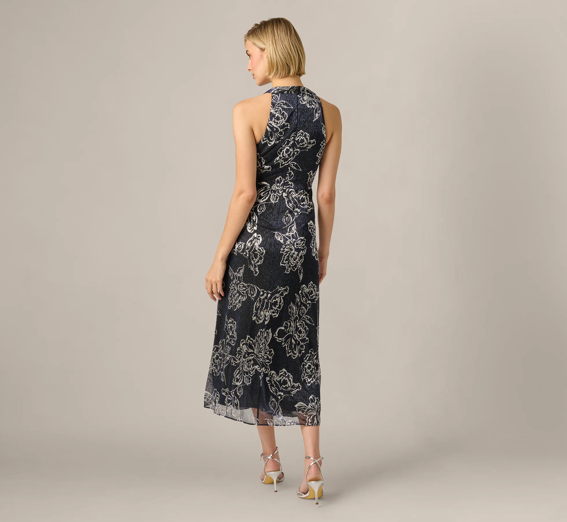 Metallic Crinkle Floral Midi Halter Dress In Black Gunmetal - Image 5