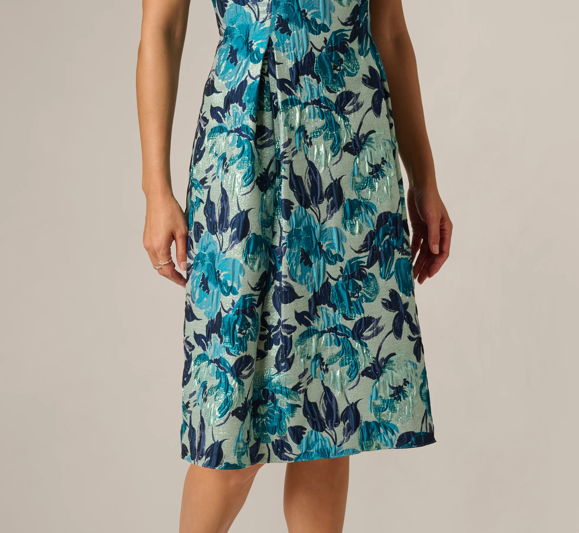 Metallic Floral Jacquard Boat Neck Fit And Flare In Blue Multi - Image 4