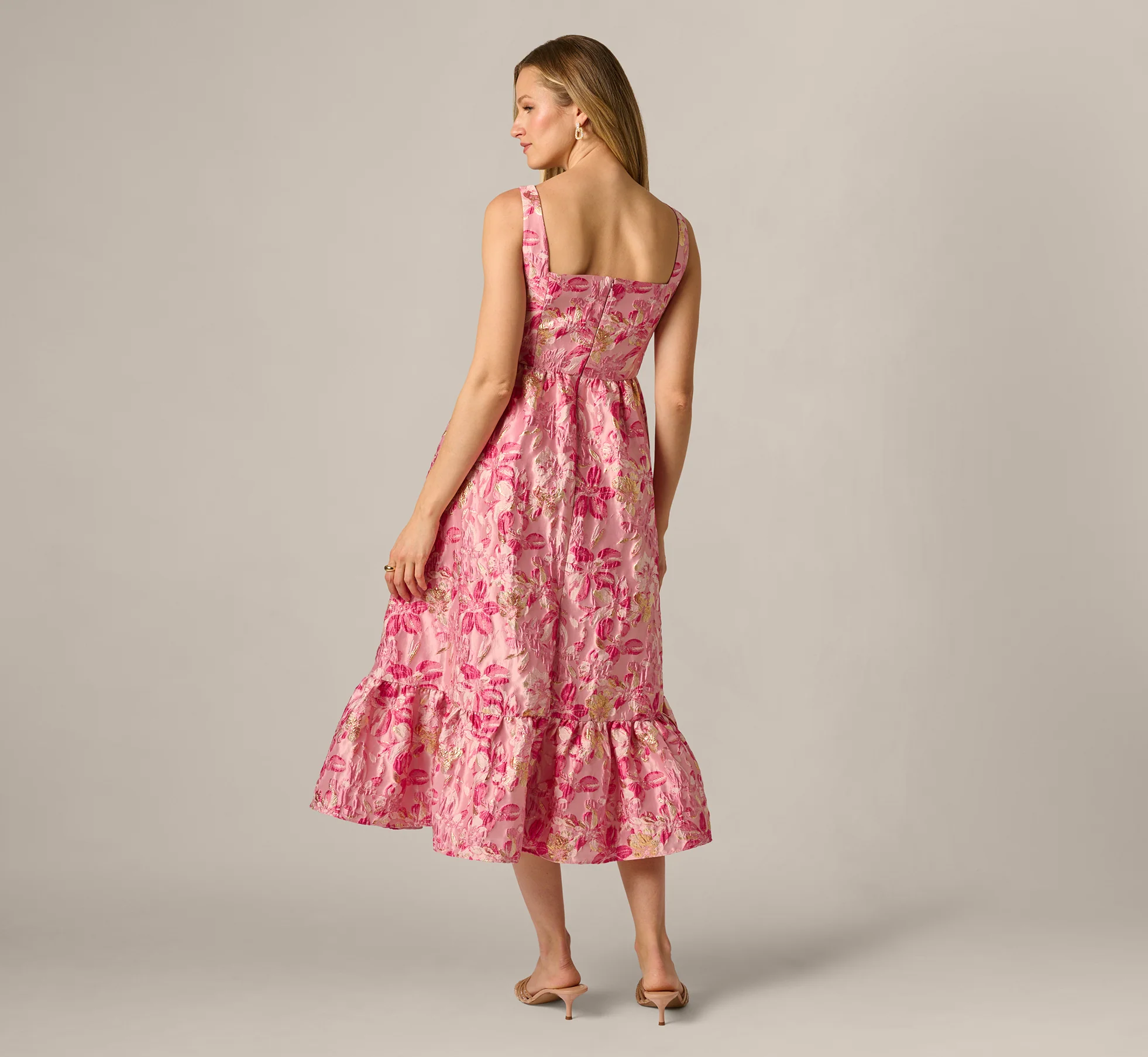 Metallic Floral Jacquard Ruffle Midi Dress In Pink Multi - Image 6