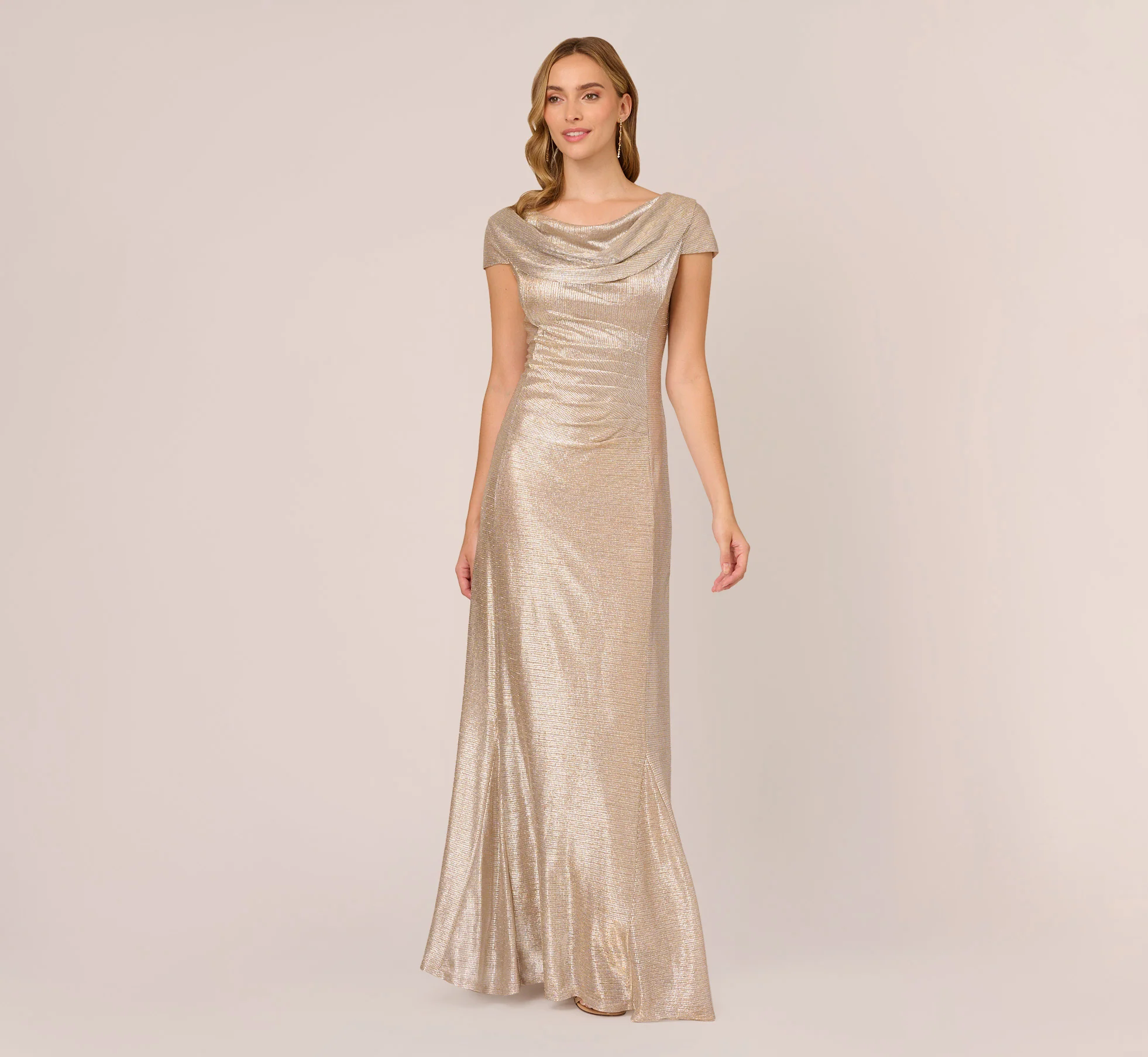 Metallic Foil Knit Draped Long Gown In Alabaster - Image 2