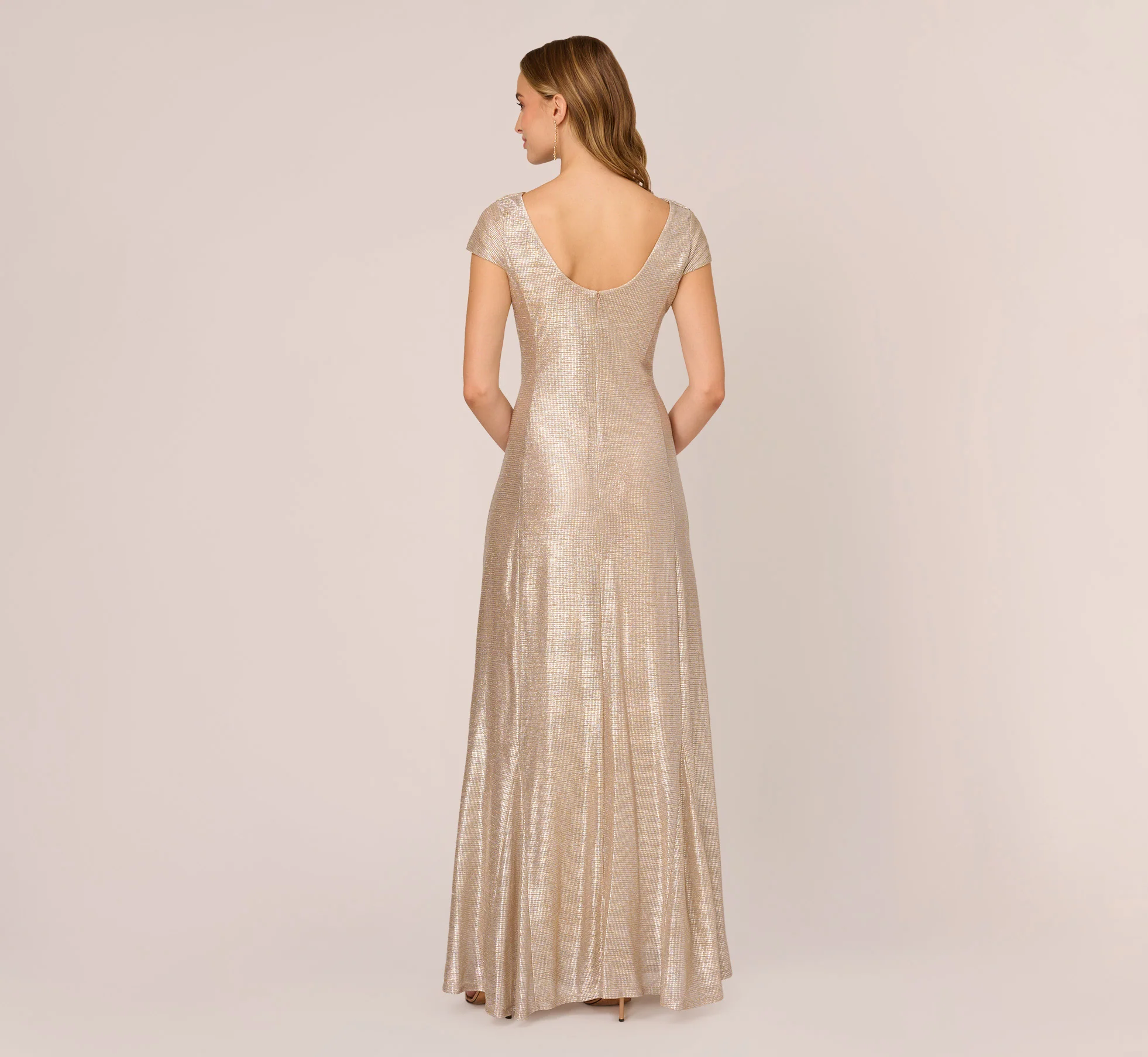 Metallic Foil Knit Draped Long Gown In Alabaster - Image 5