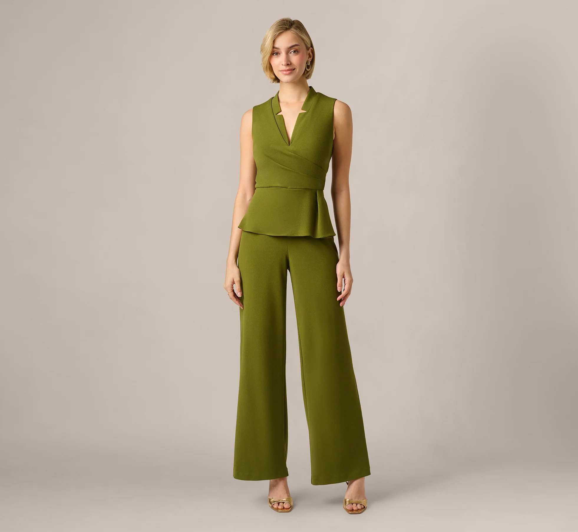 Notch Lapel Stretch Crepe Peplum Jumpsuit In Jungle Olive - Image 3