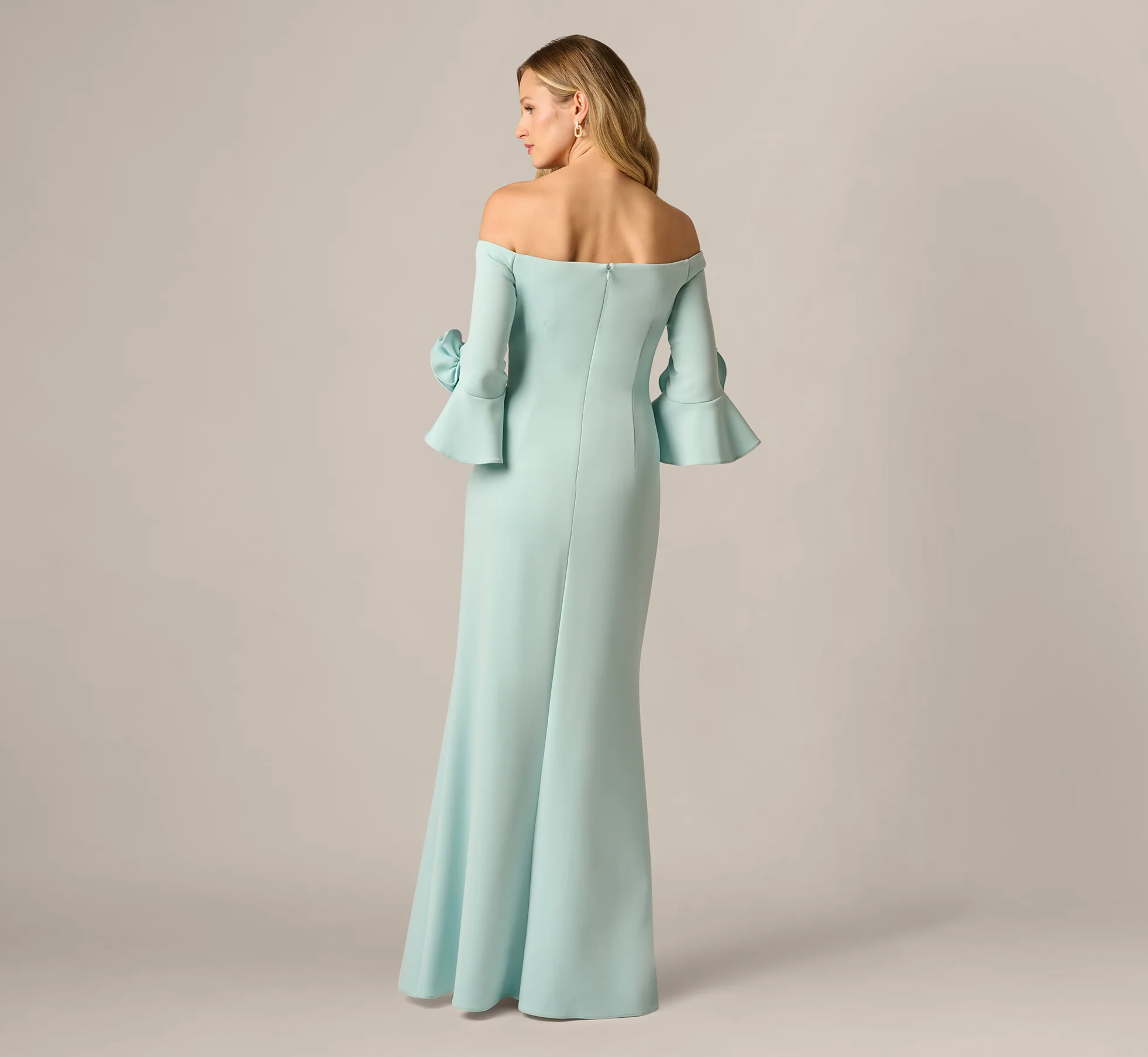 Off Shoulder Bell Sleeve Rosette Gown In Airy Aqua - Image 5