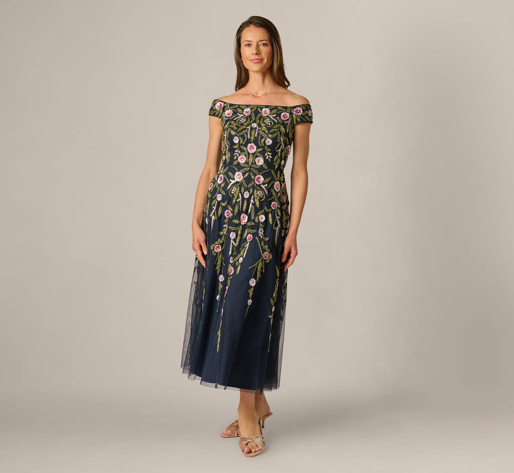Off Shoulder Floral Beaded Ankle Length Dress In Navy Blush - Image 2