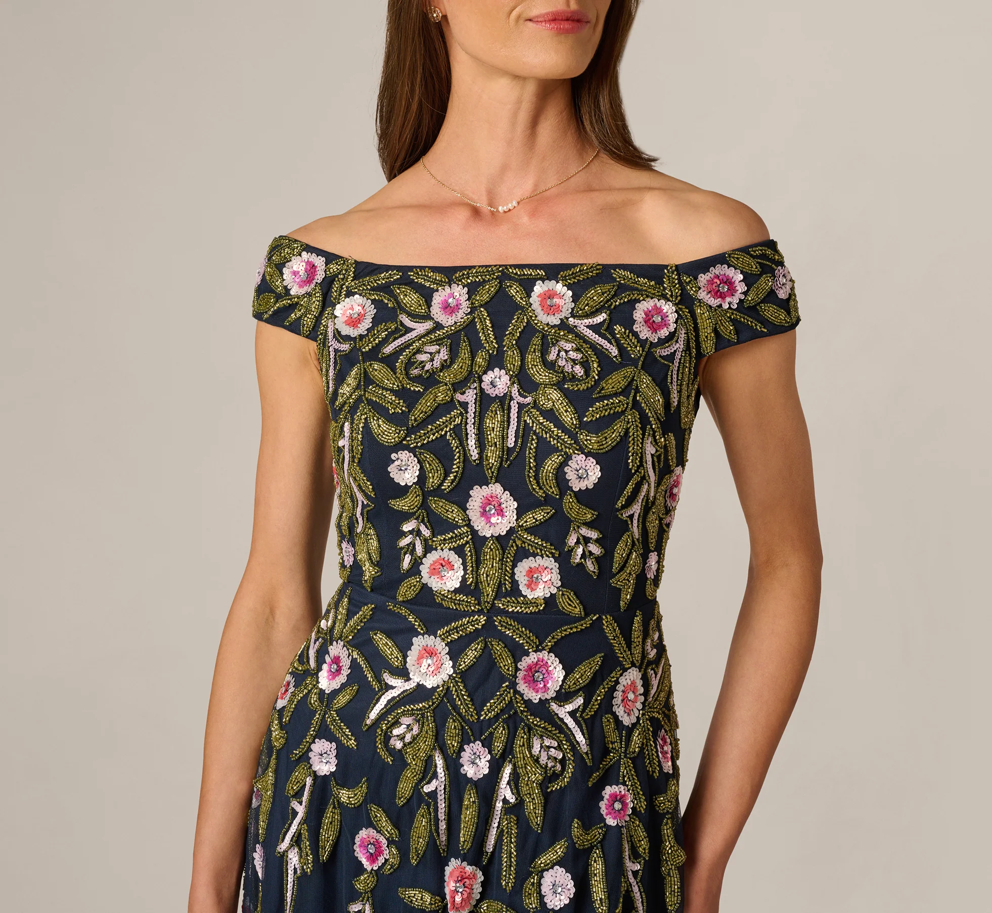 Off Shoulder Floral Beaded Ankle Length Dress In Navy Blush - Image 3