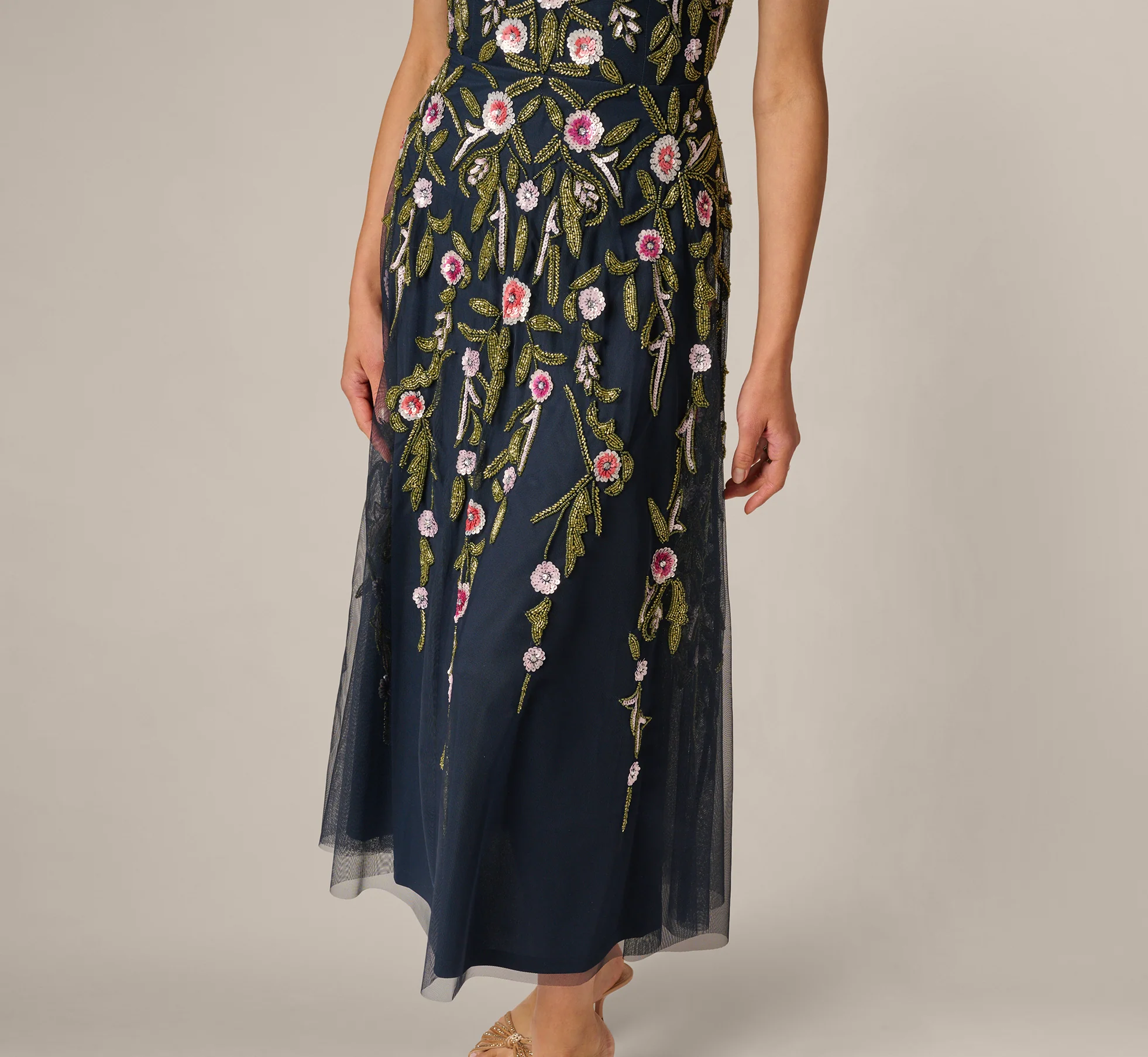 Off Shoulder Floral Beaded Ankle Length Dress In Navy Blush - Image 4
