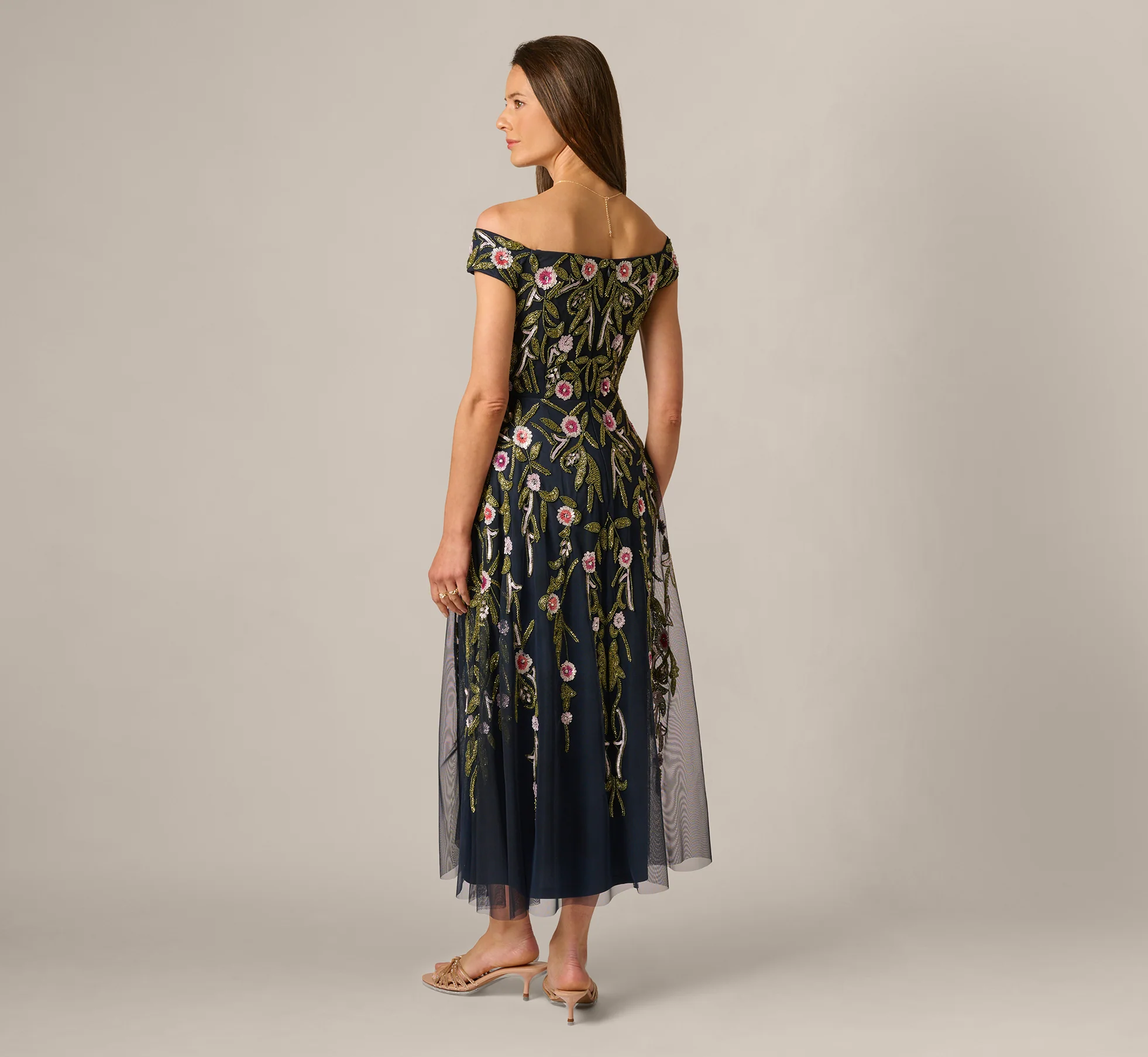 Off Shoulder Floral Beaded Ankle Length Dress In Navy Blush - Image 5