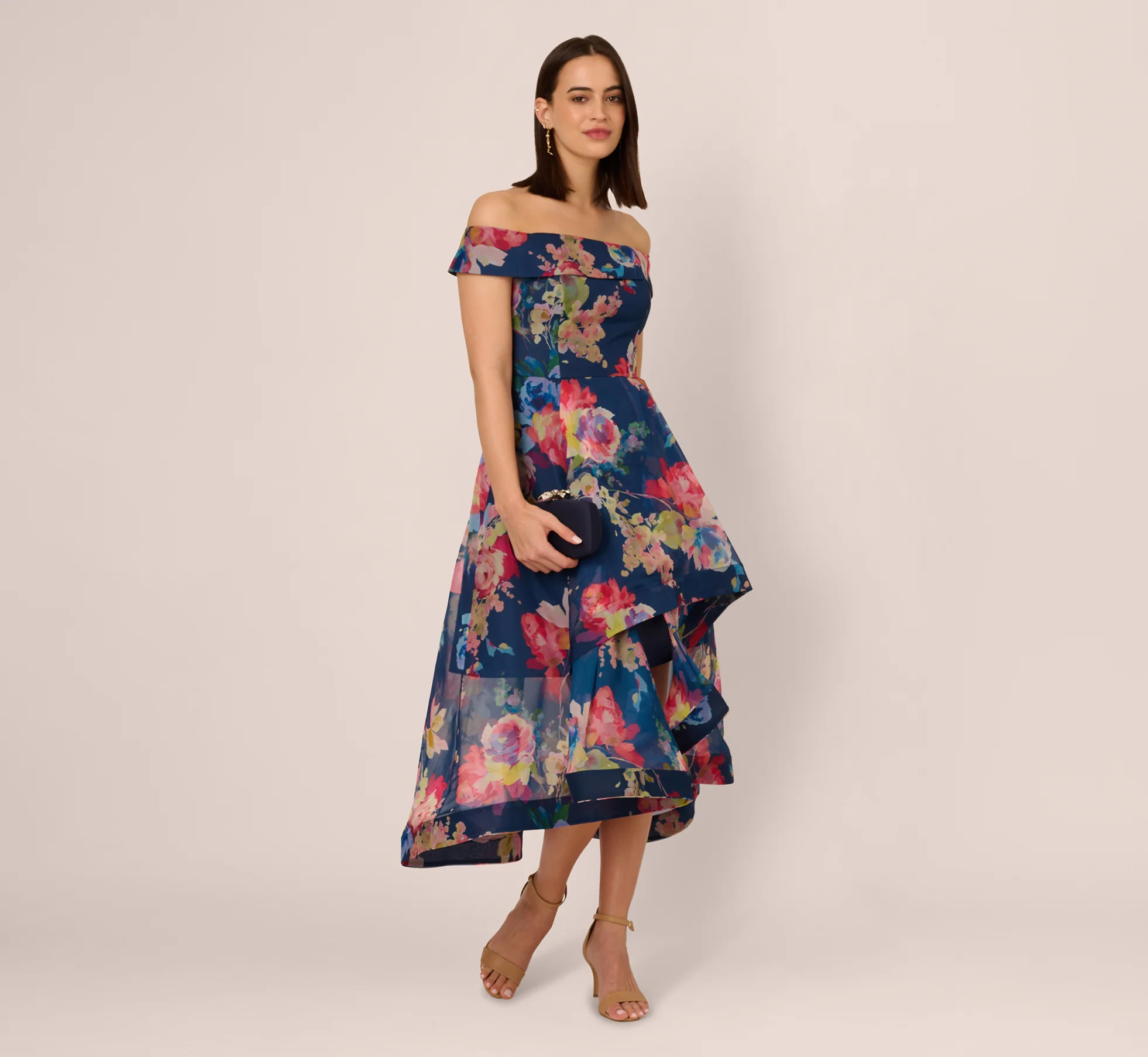 Off Shoulder Floral Organza High Low Dress In Navy Multi - Image 2