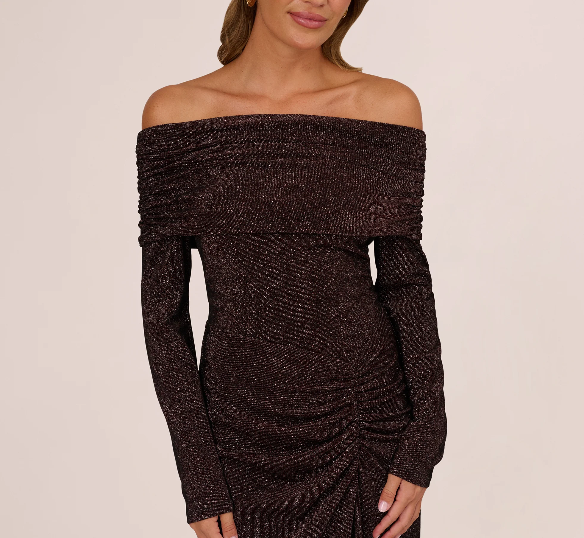 Off Shoulder Long Sleeve Metallic Knit Maxi Dress In Chocolate - Image 4