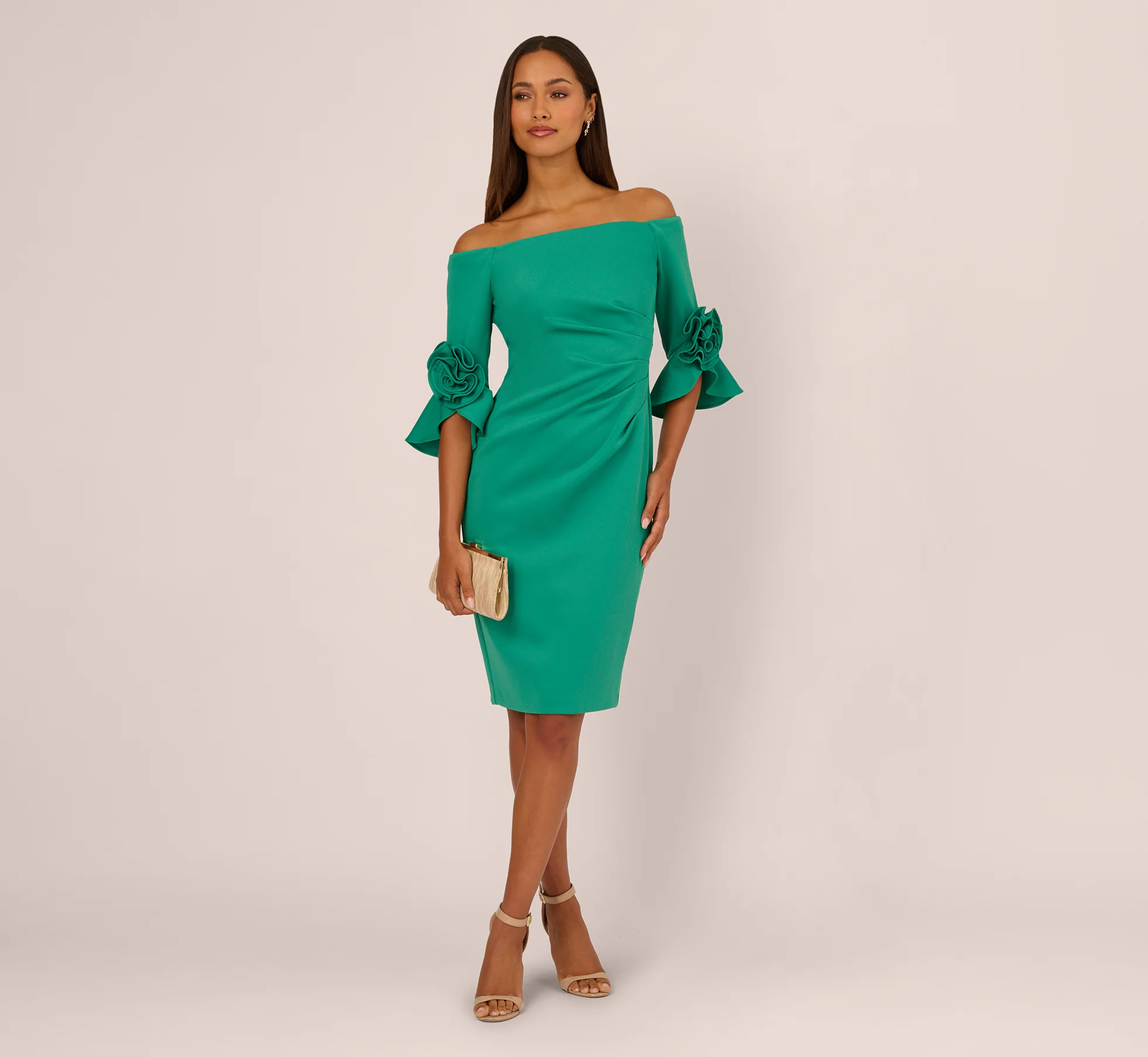Off Shoulder Three Quarter Rosette Sleeve Cocktail Dress In Emerald - Image 2