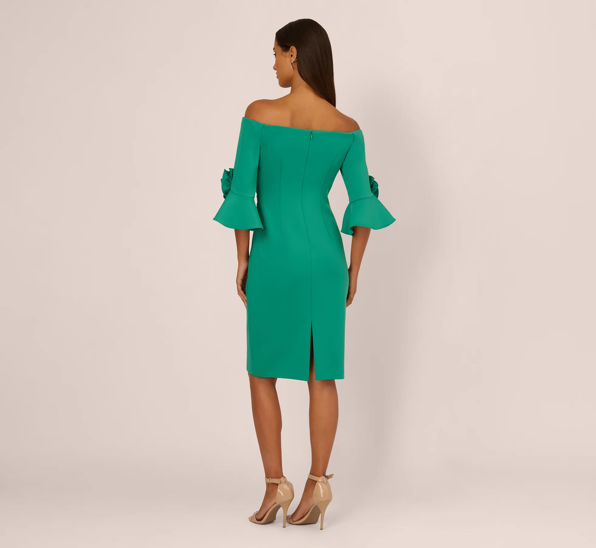 Off Shoulder Three Quarter Rosette Sleeve Cocktail Dress In Emerald - Image 6