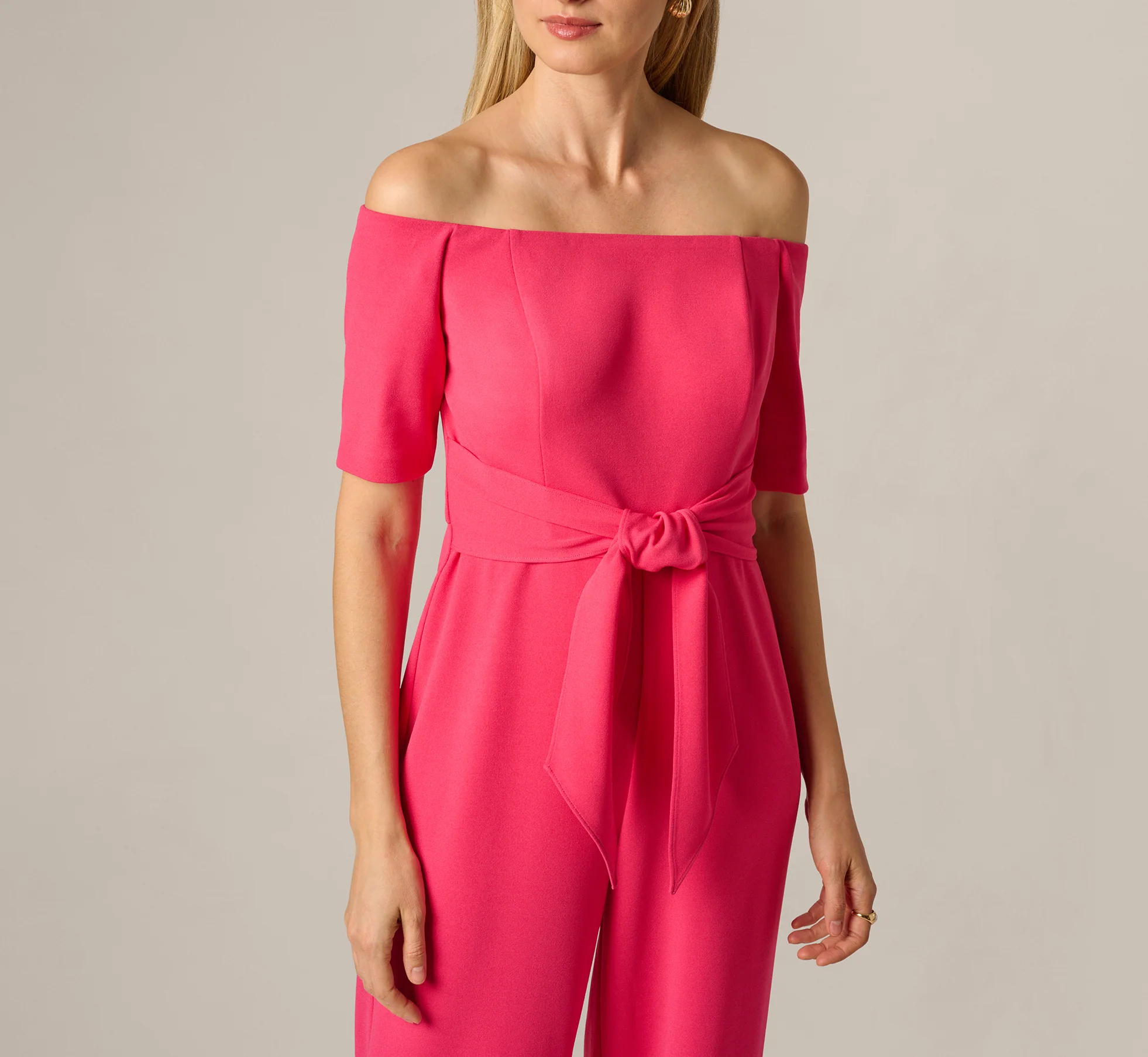 Off Shoulder Tie Front Stretch Jumpsuit In Camellia - Image 3
