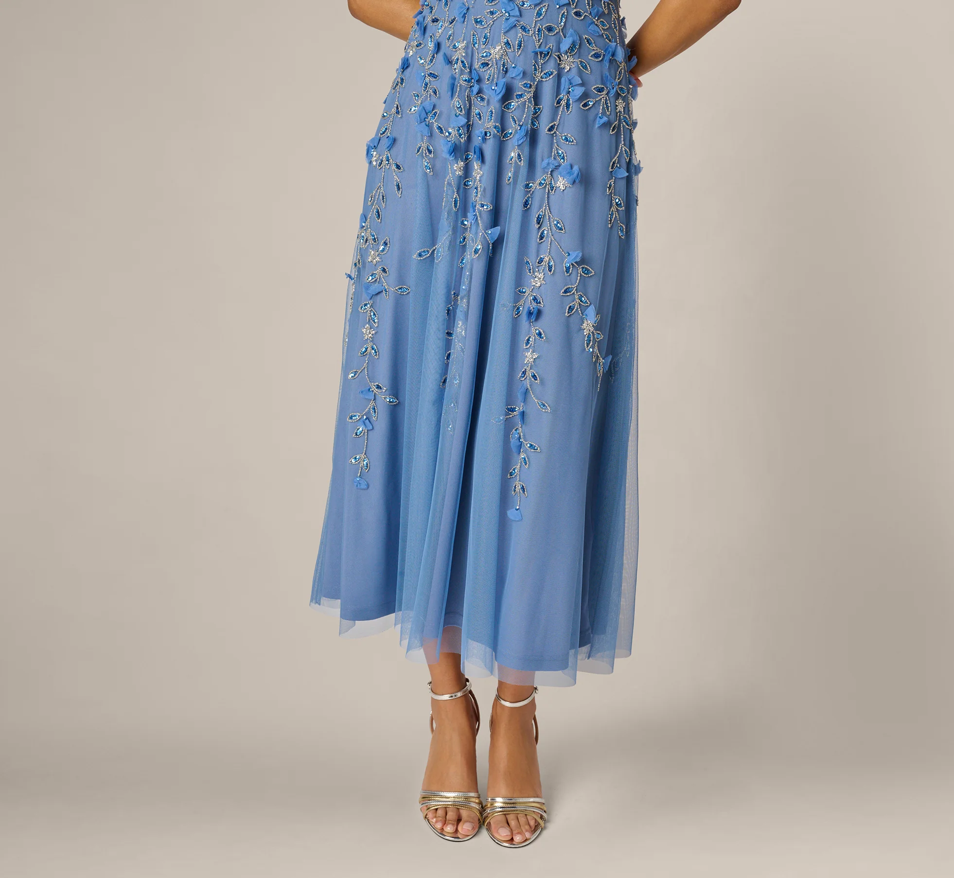 One Shoulder 3D Floral Beaded Ankle Dress In French Blue - Image 3