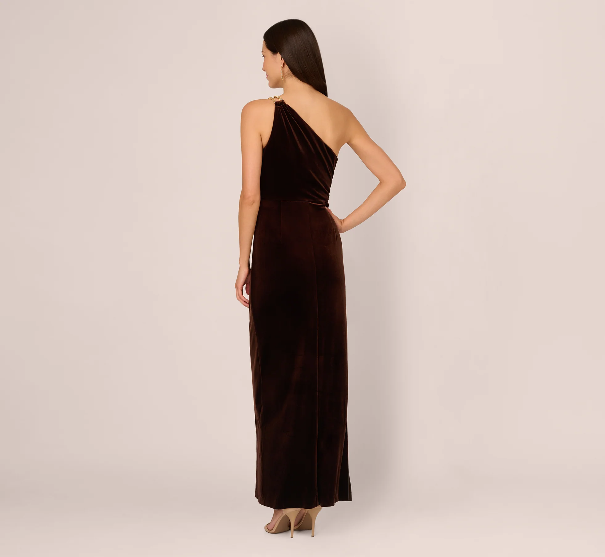 One Shoulder Draped Velvet Gown With Chain Accent In Dark Brown - Image 5