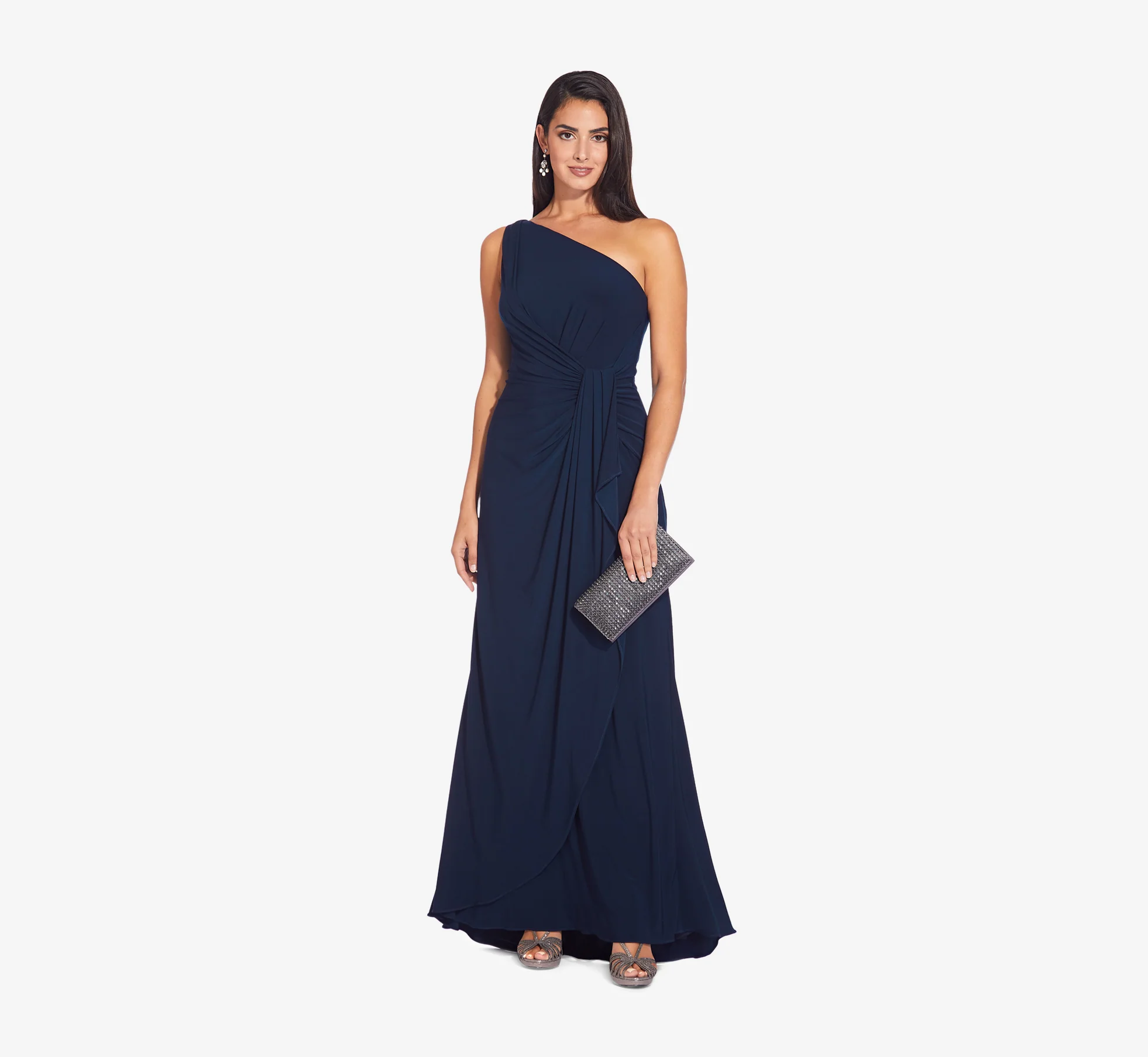 One Shoulder Dress With Draped Waist Detail In Midnight - Image 6