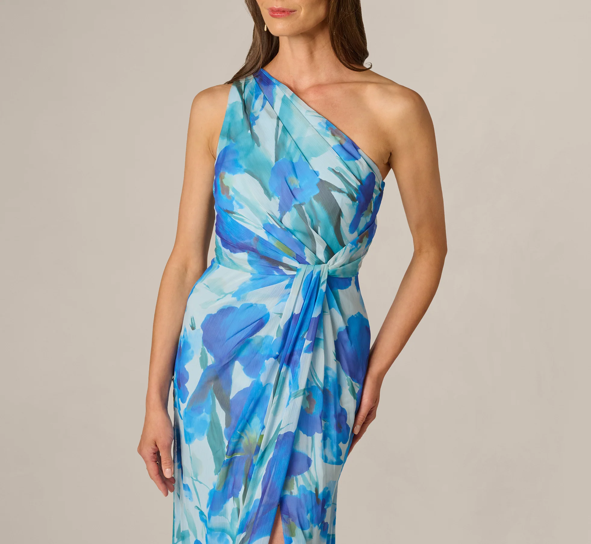 One Shoulder Floral Chiffon Draped Gown In Blue Multi - Image 4