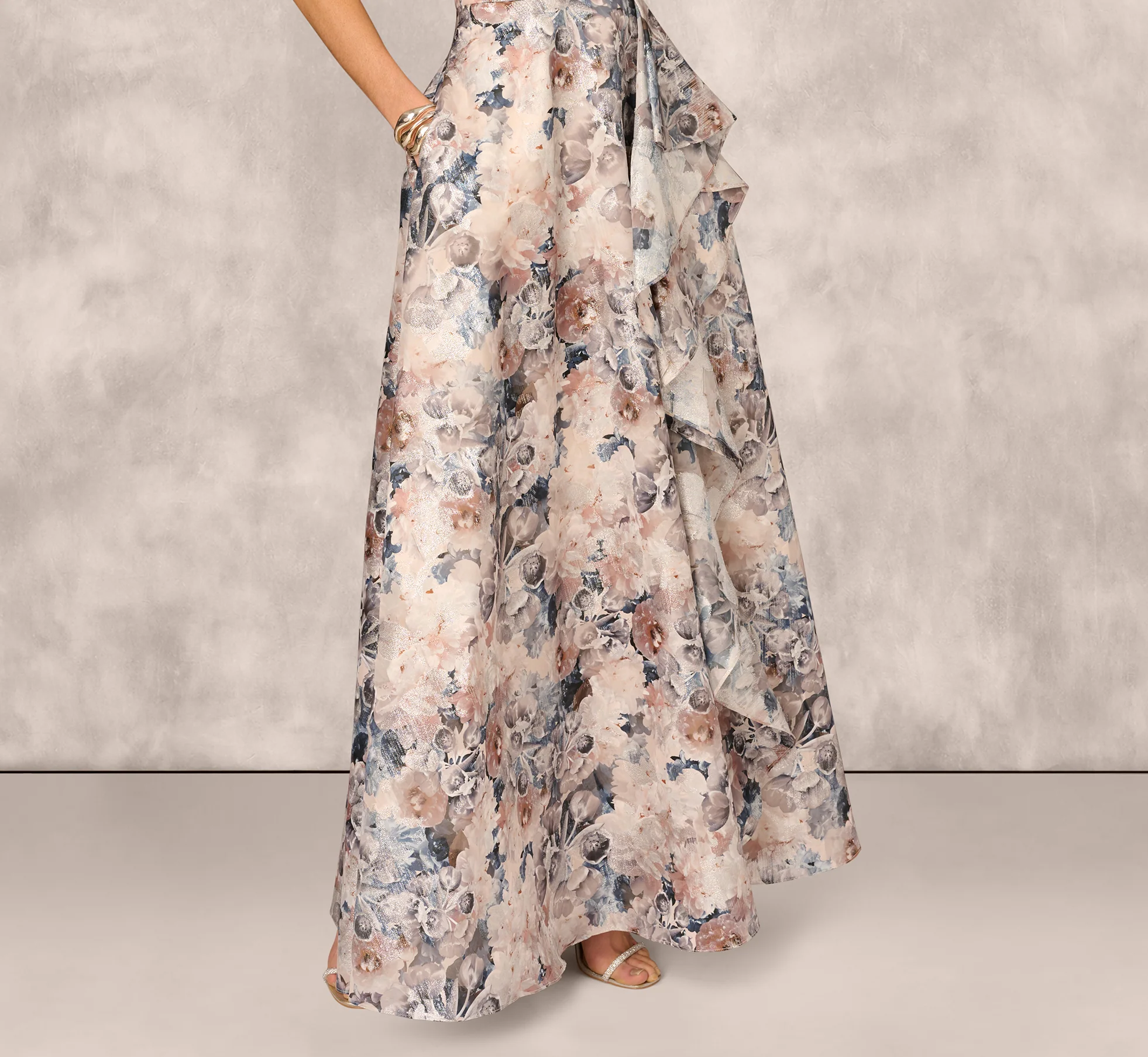 One Shoulder Floral Jacquard Ruffle Gown In Blue Multi - Image 4