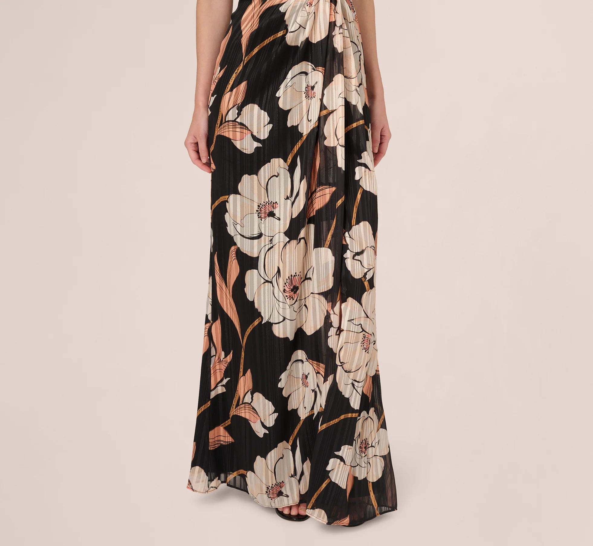One Shoulder Floral Ribbon Stripe Gown In Black Multi - Image 5